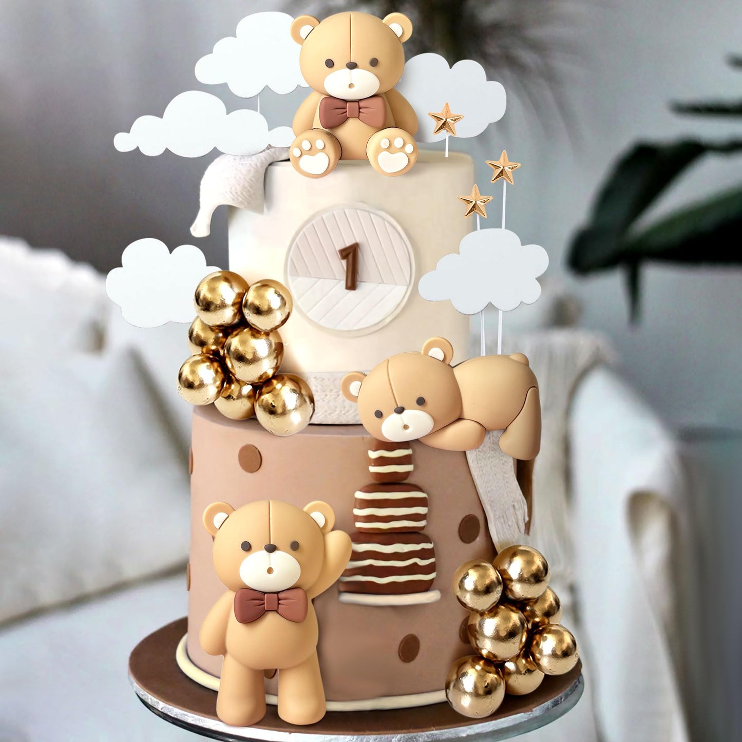 JeVenis Luxury Beige Brown Bear Cake Decoration Beige Brown Balls Cake Topper Boho Bears Cake Cake Decoration Baby Shower Birthday Cake Decoration