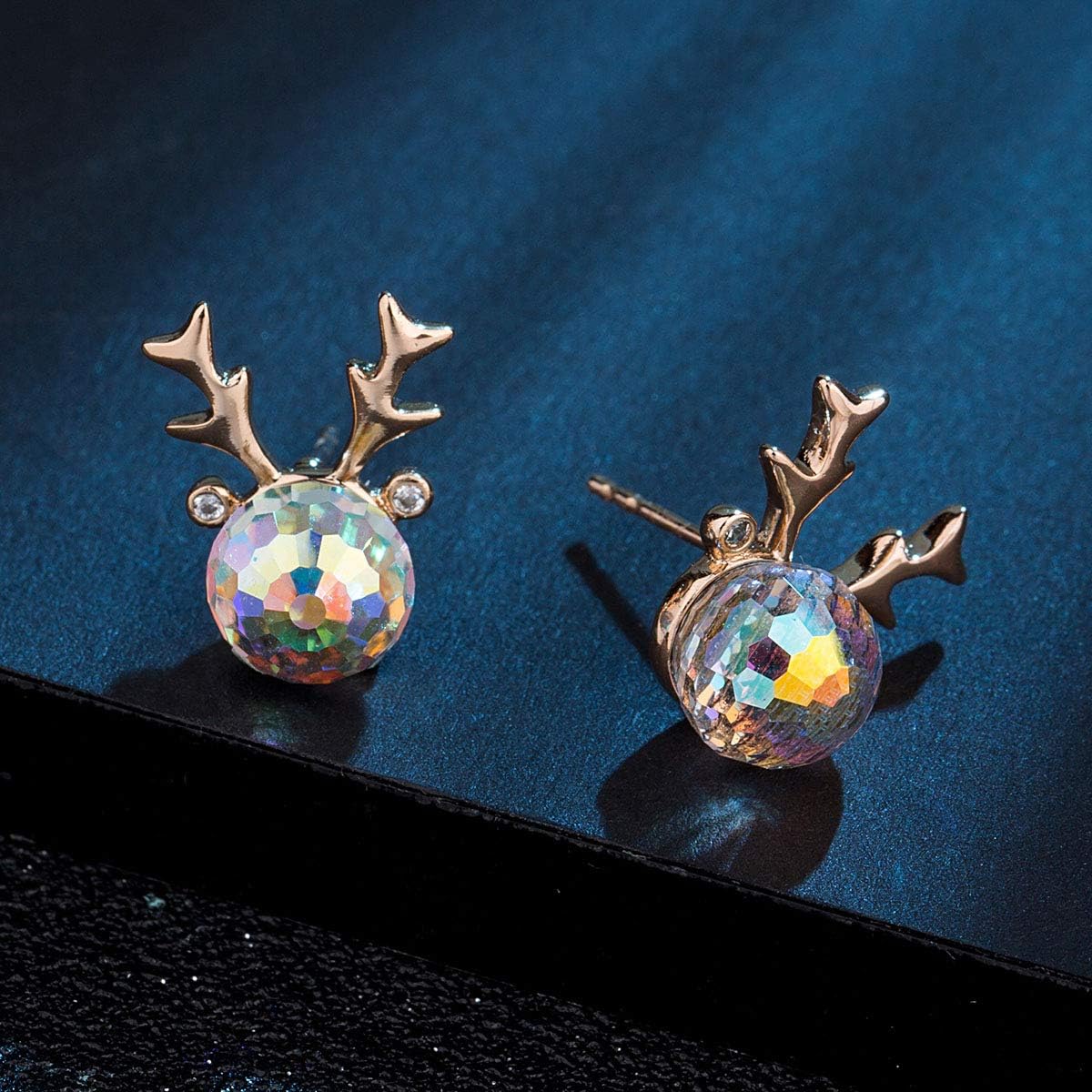 Christmas Earrings for Women Reindeer Earrings Austrian Crystal Stud Earrings Hypoallergenic Christmas Jewelry Holiday Jewelry Gift (Aurora Borealis)