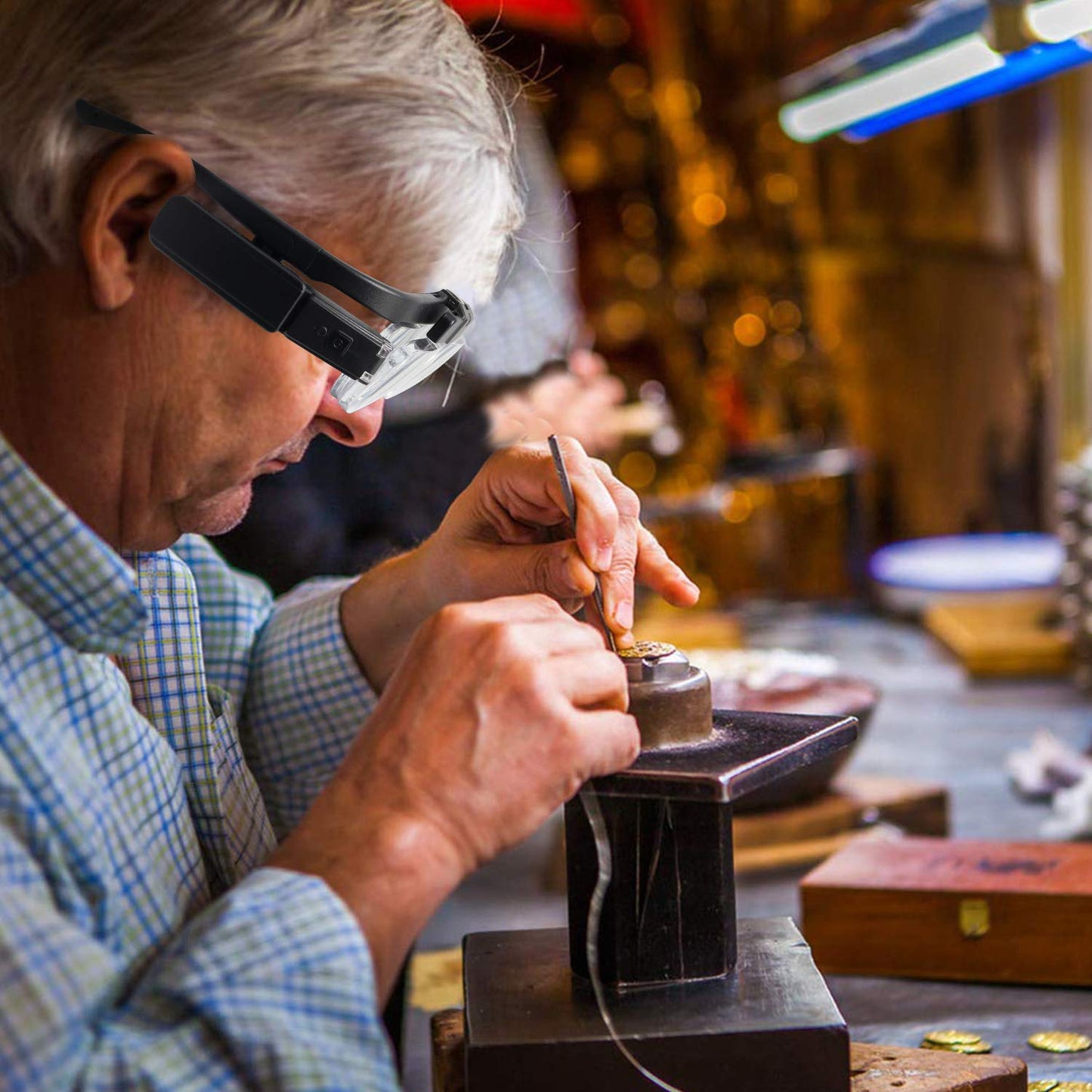 LED Head Mount Magnifier Glasses with 3 Detachable Lenses 2 Led Professional Jeweler Loupe Light USB Rechargeable Hands Free Headband Magnifying Glass for Reading Watch & Electronic Repair Sewing