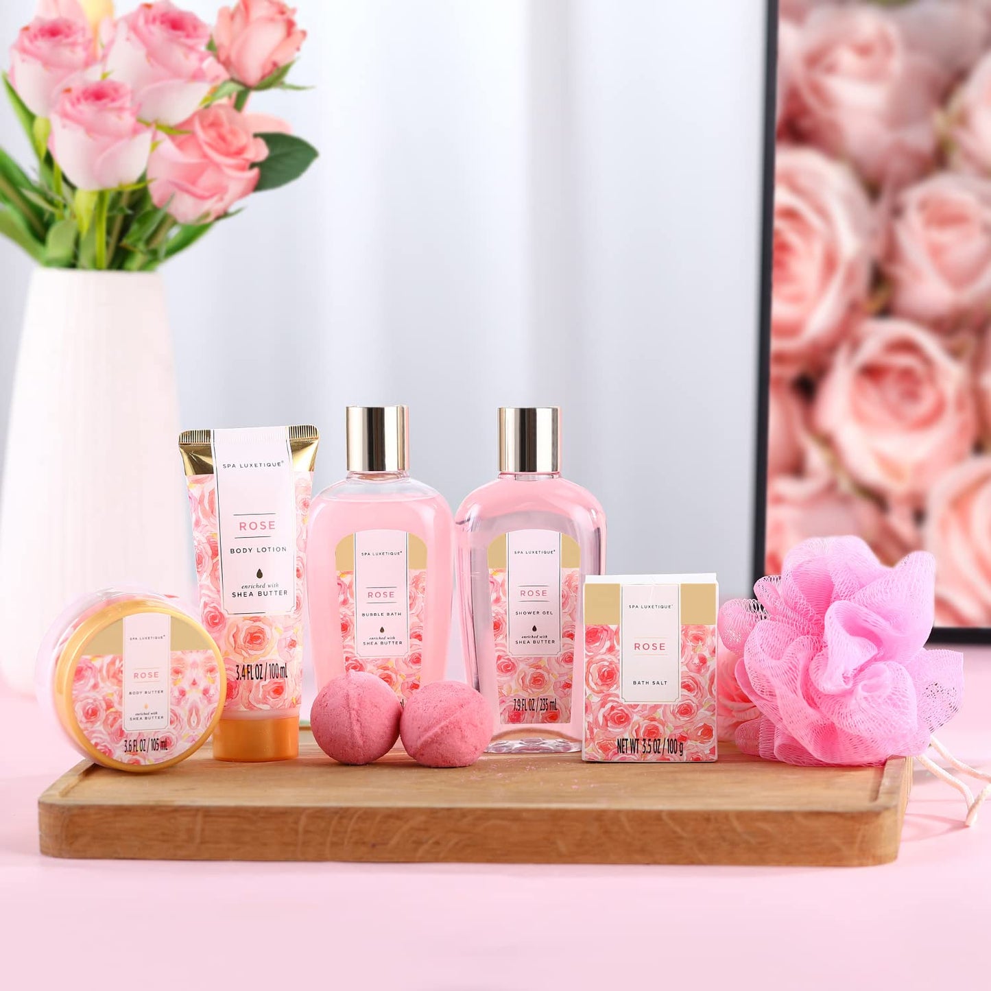 spa luxetique Gift Set For Women, Bath Sets for Women Gift, 8 Pcs Rose Spa Basket Includes Bubble Bath, Shower Gel, Body Lotion, Birthday Spa Gifts, Mother‘s Day Gifts for Mom