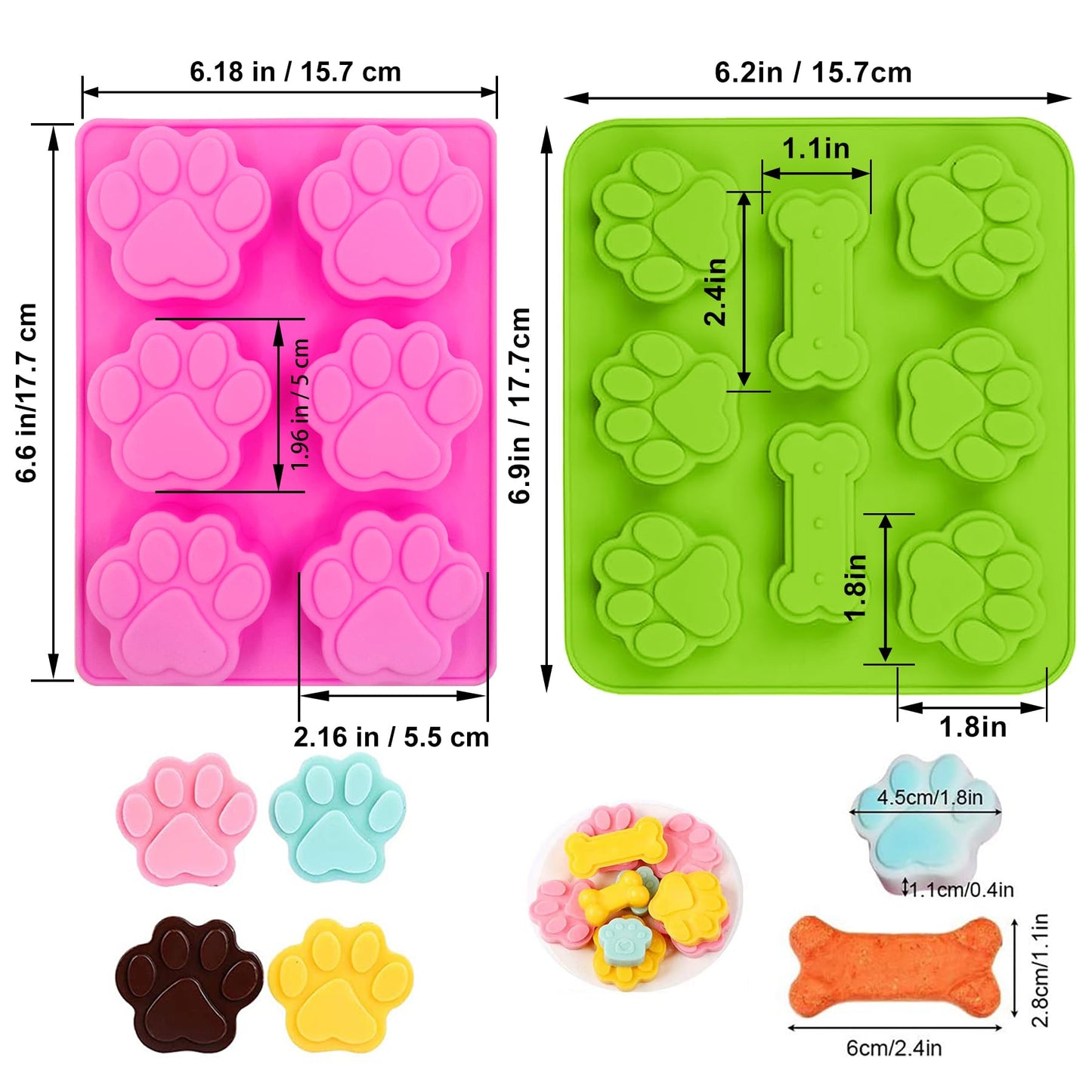 Set of 15 Non-Stick Silicone Dog Treat Molds - Paw and Bone Shapes, Ideal for Frozen Treats, Baking Jelly, Candy, Chocolate, Dog Snack Biscuits