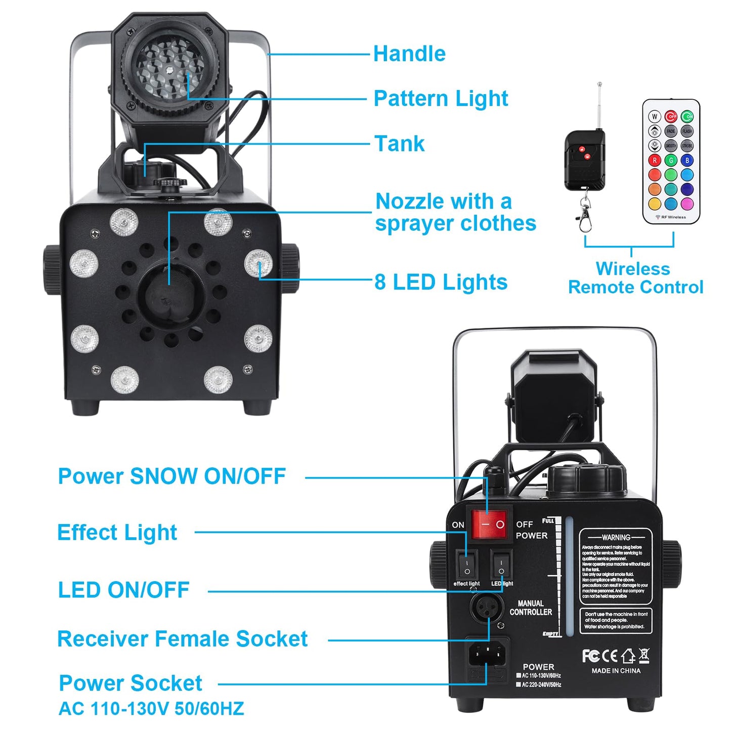 Hakuta Upgraded 800W Snow Machine with 8 LED RGB Lights, LED Projection, and 2 Wireless Remotes, Perfect for Christmas, Halloween,Parties, Wedding and DJ Stage …