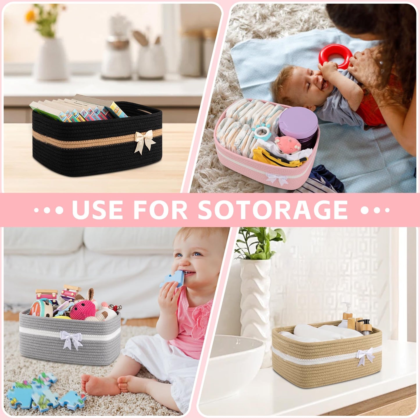 OIAHOMY Large Woven Storage Basket with Handles for Nursery Living Room Shelves, Bow Basket for Gifts Empty with Gift Bags and Ribbons for Baby Showers Pet Toy Bin - Pink