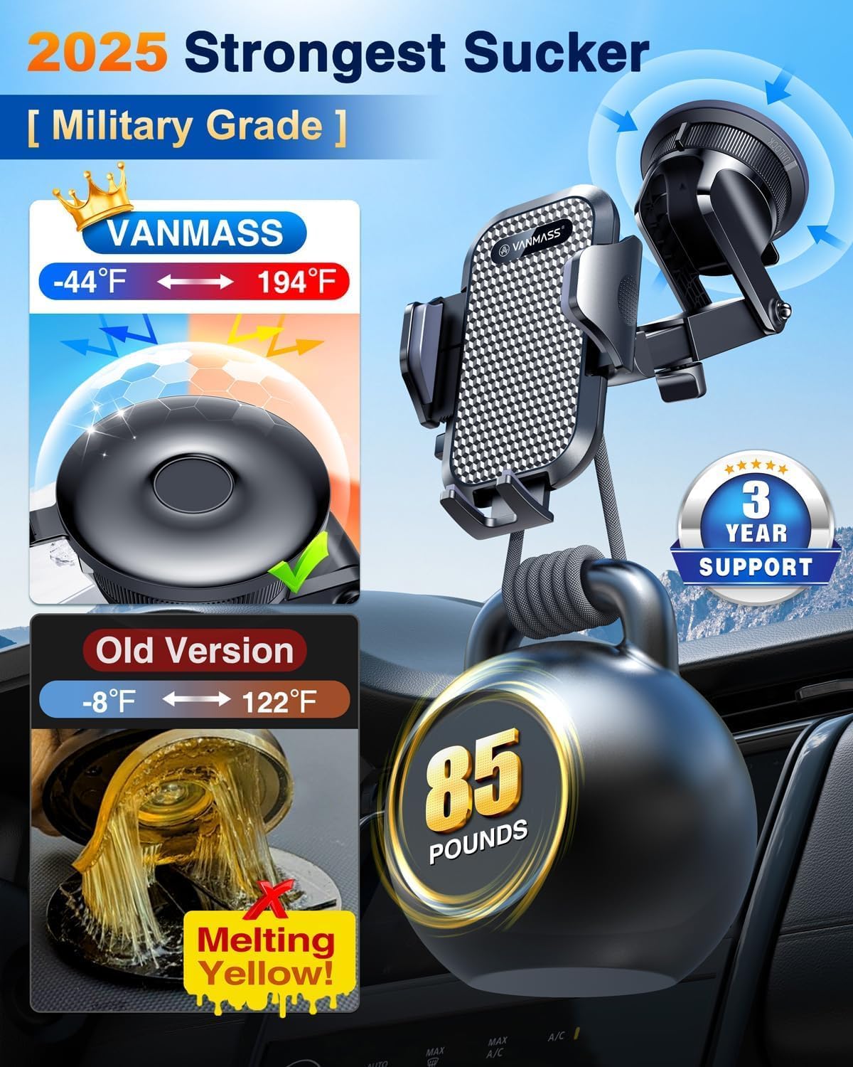 [2025 True Military-Grade] Car Phone Holder VANMASS [Upgraded Strongest Suction & Clip] Cell Phone Mount for Dashboard Windshield Vent,Truck Cradle Stand for iPhone 16 Pro Max 15 14 13 Samsung Android