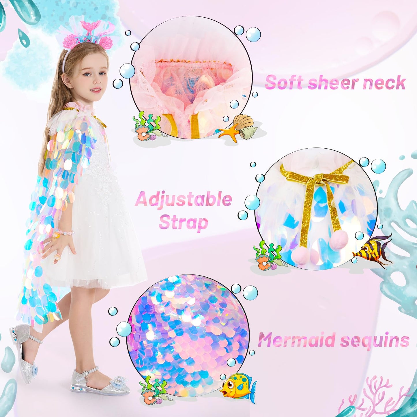 LIMIROLER Princess Dress Up Toys Princess Dress Up Clothes Rainbow Mermaid Cape Kit 9 Pcs Gift Set for Little Girls 3-8 Years Old, Great Gift Set for Birthday Christmas Halloween (Rainbow Pink)