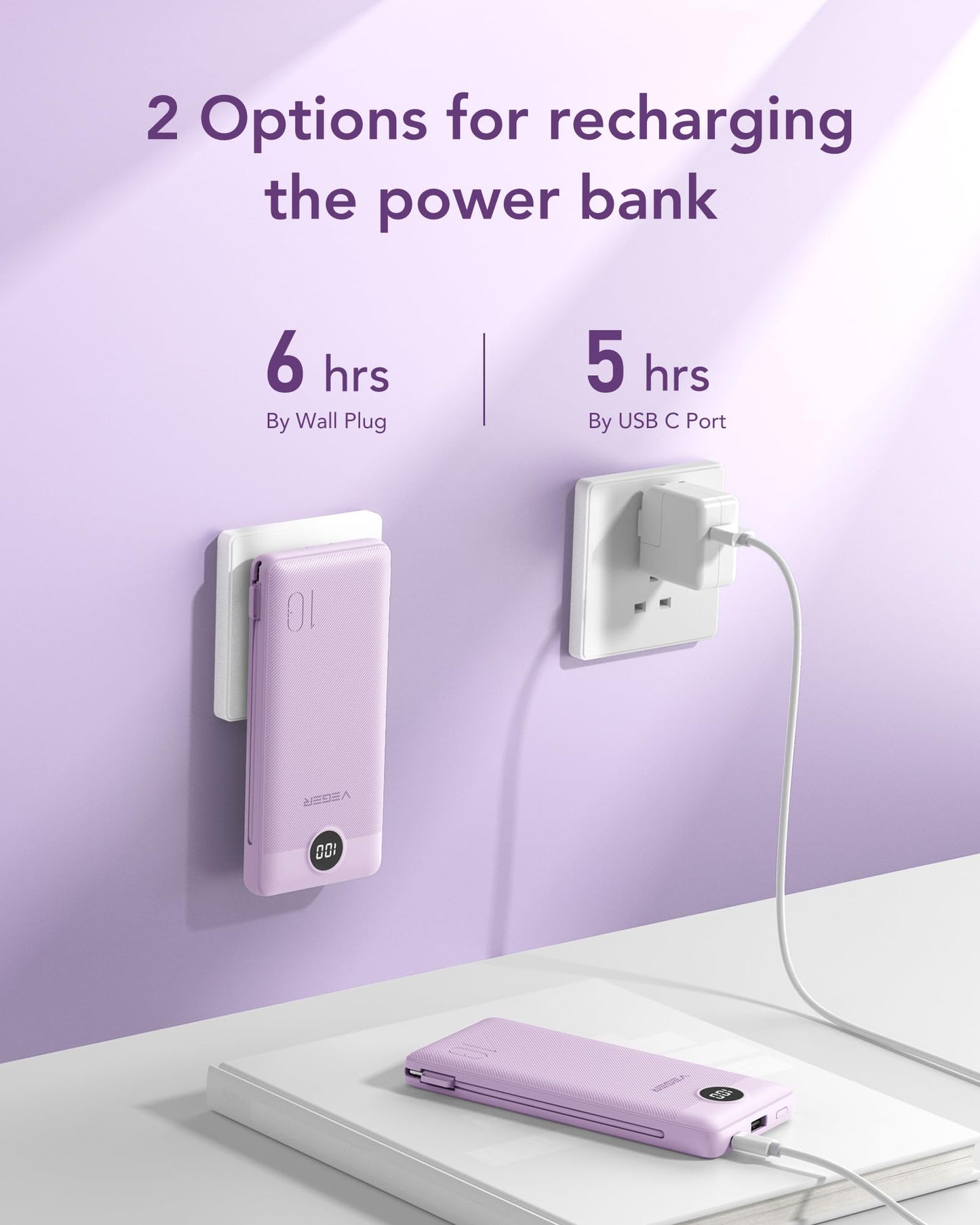 VEGER Portable Charger for iPhone Built in Cables and Wall Plug, 10000mah Slim Fast Charging USB C Power Bank, Travel Essential Battery Pack Compatible with iPhones, iPad, Samsung More Devices(Purple)
