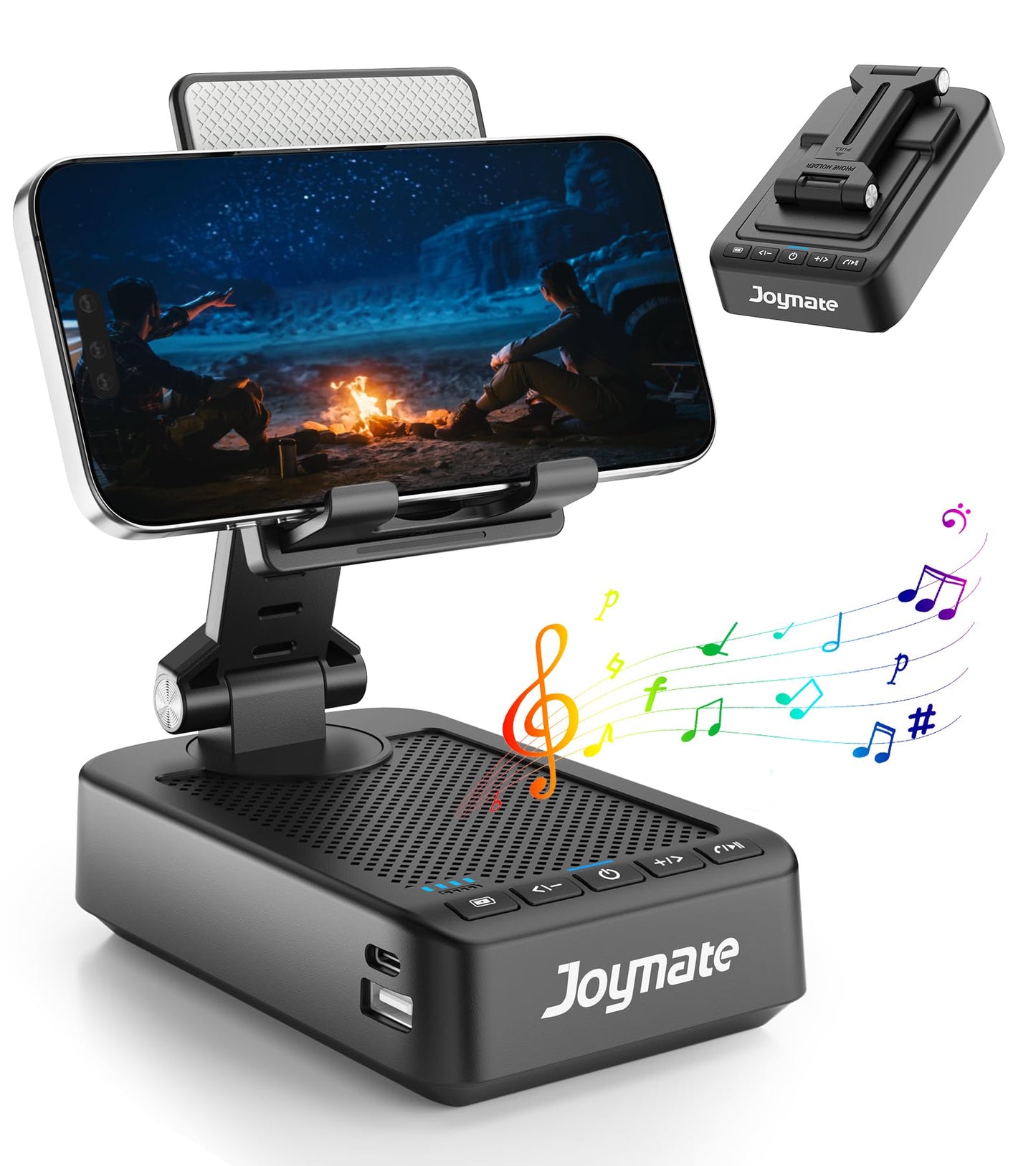 Joymate Gifts for Men Women, Phone Stand with Bluetooth Speaker and Charging Function 360° Rotable Angel Adjustable Cell Phone Holder with HD Stereo Sound Fits All Phones,Tablet (Black)