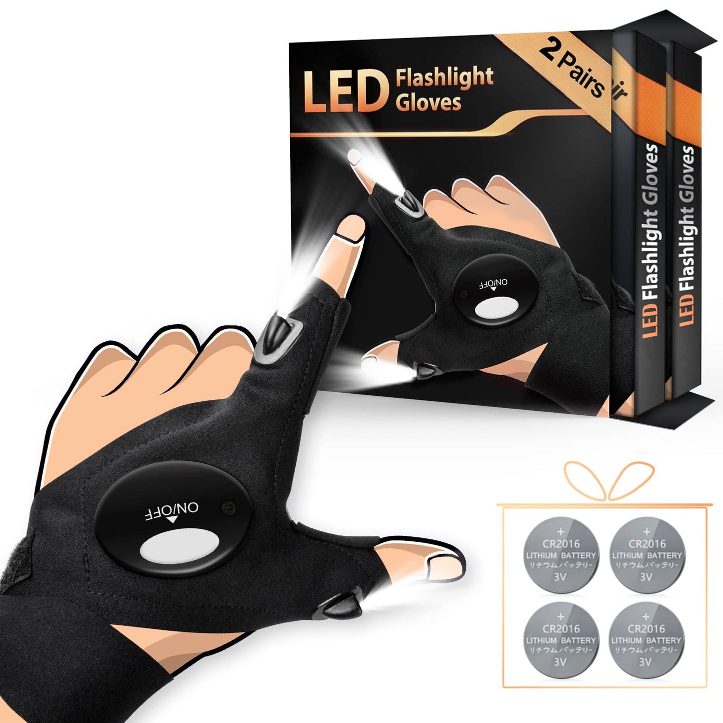 HANPURE LED Flashlight Gloves Stocking Stuffers for Adults Men Christmas Birthday Gift Idea for Dad Husband Him Boyfriend (2 Pack(with Replaceable Batteries))
