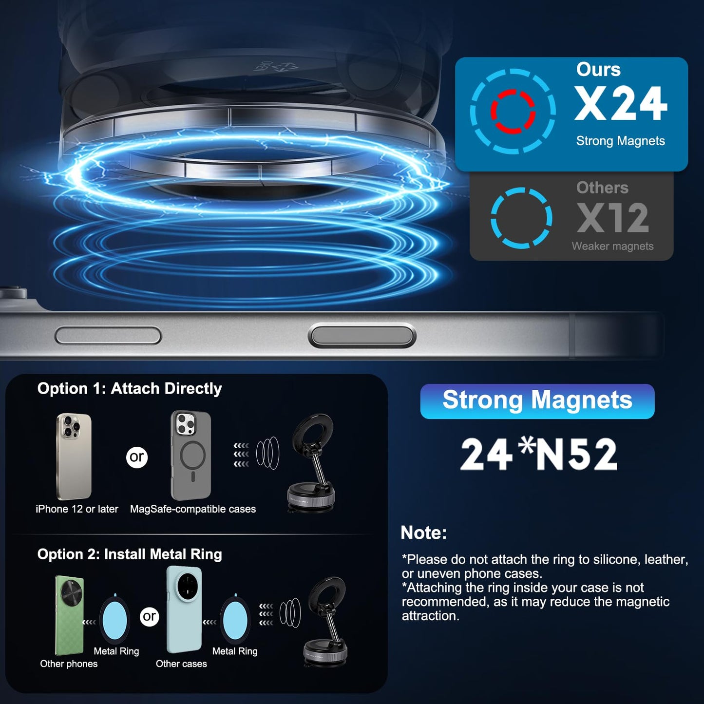 Jikasho Vacuum Magnetic Suction Phone Holder, Foldable and Retractable Hands-Free Suction Cup Phone Mount for Car/Gym/Mirror/Smooth Surface, Compatible with iPhone Android and All Smartphones (Black)