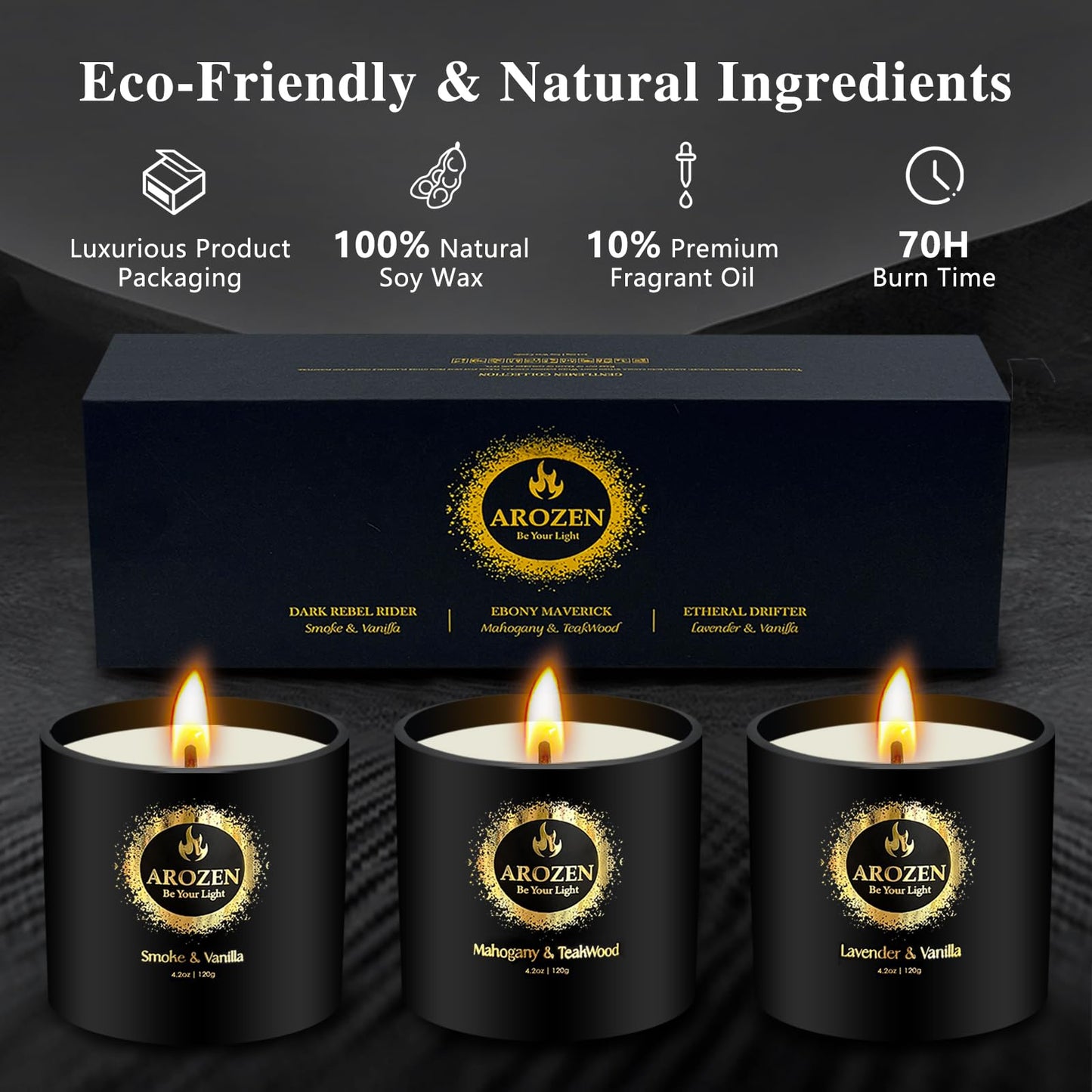 AROZEN 3 Pack Scented Candles Set | Men Candle Gift Set, Aromatherapy Scented Candles for Home, Gifts for Men Dad Fathers Day, Soy Candle of Lavender, Mahogany Teakwood & Smoke Vanilla,70H Burn Time