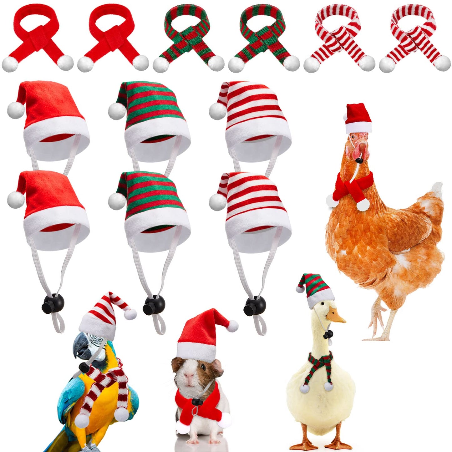 Weewooday 12 Pcs Mini Christmas Pet Santa Hat Scarf Set Adult Xmas Small Animal Tiny Santa Hat with Adjustable Chin Strap for Chicken Cat Dog Hamster Guinea Gift(Small,Stripe Style)