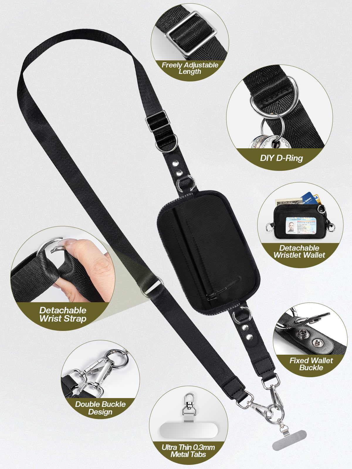 Tiostep Clip and Go Strap for Phone with Wallet Crossbody Phone Lanyard Adjustable and Detachable RFID Wristlet Wallet with ID Window and Zipper, Black