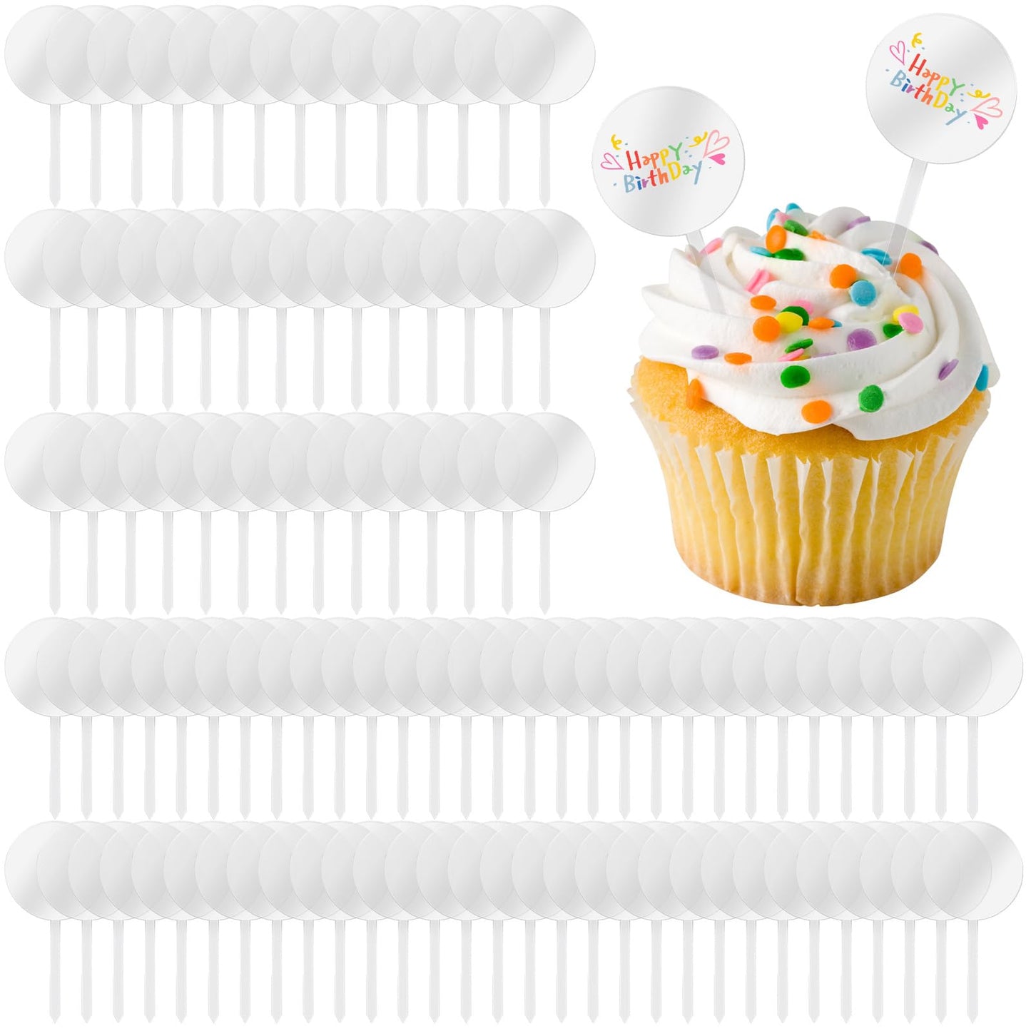 100 Pieces 2 Inch Round Clear Acrylic Cupcake Toppers, Blank Cupcake Toppers Sticks for DIY, Birthday Festival Party Baby Shower Wedding Party Cupcake Decoration