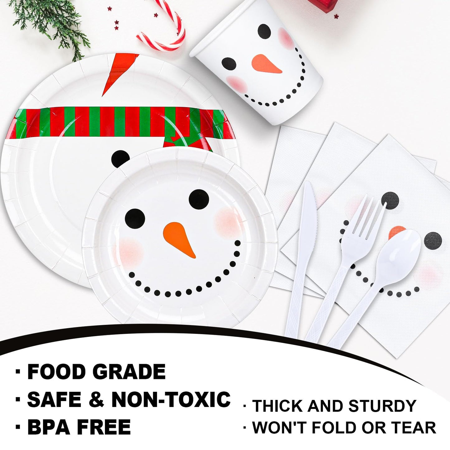 Whaline 175Pcs Christmas Party Tableware Set Winter Snowman Dinnerware Kit 7 and 9 Inch Paper Plates 6.5 Inch Disposable Napkins Cups Forks Spoons Knives for Xmas Holiday Dinner Supplies