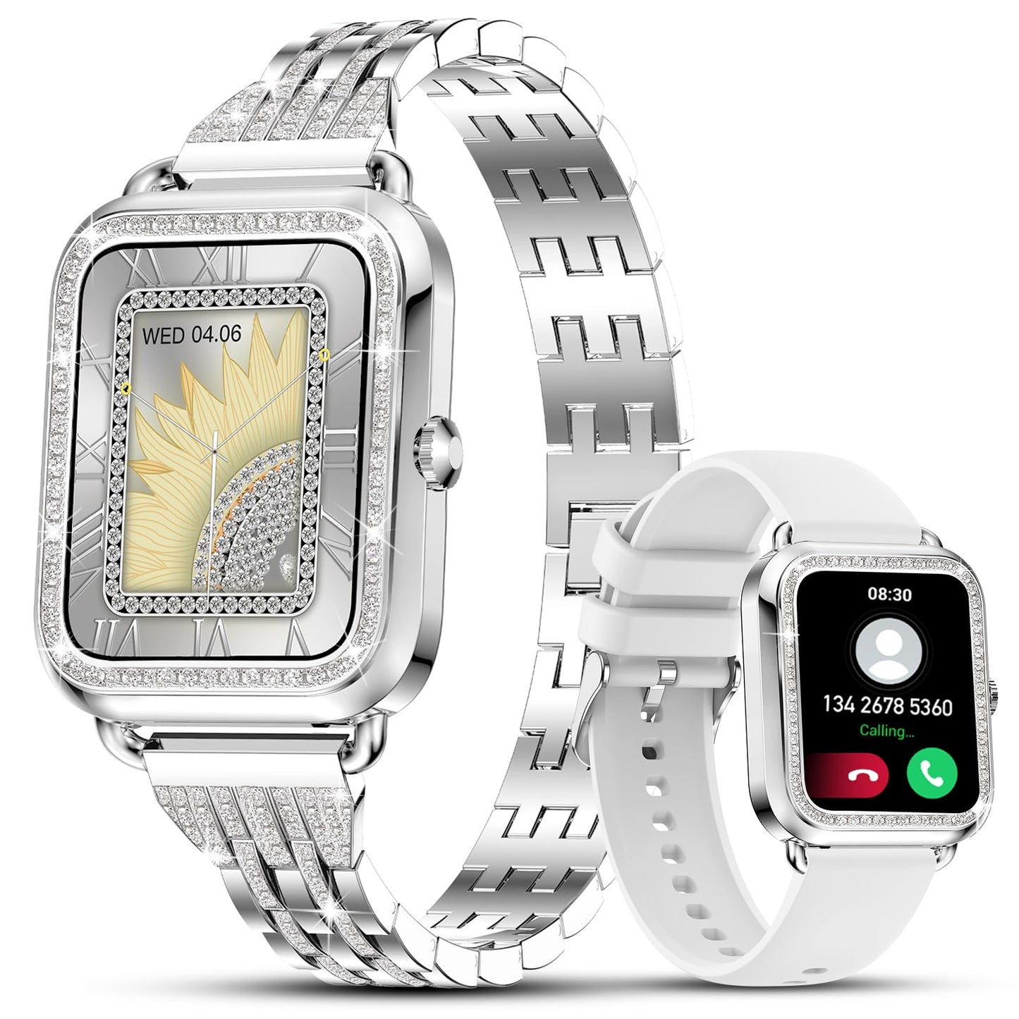 Efolen Smart Watches for Women with Diamonds (Answer/Make Call), 1.57'' Bluetooth Smartwatch for Android iOS Phones, Waterproof Fitness Tracker with Heart Rate/SpO2/Sleep/BP/AI Voice (Silver)