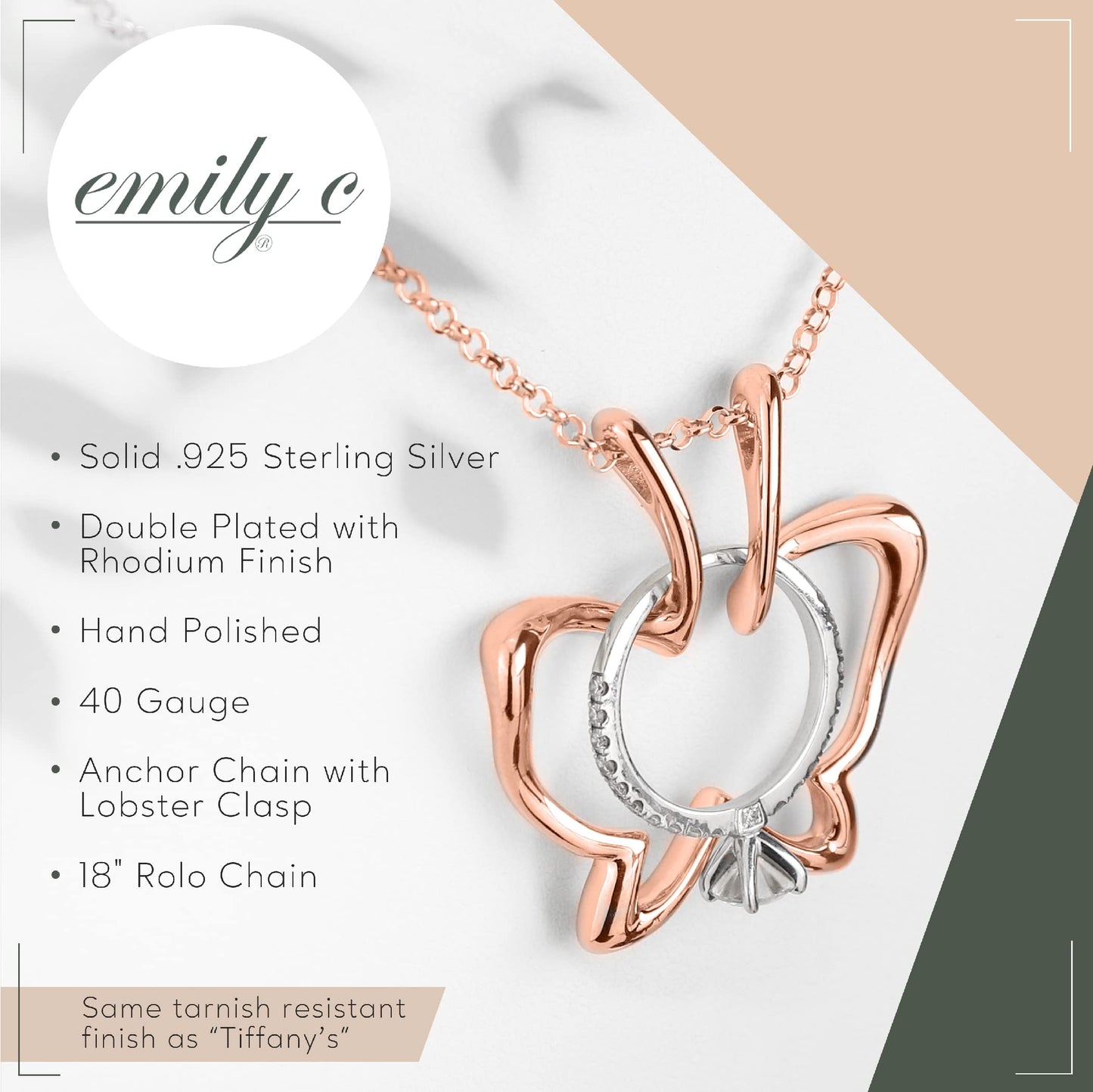 Emily C Ring Holder Necklace - Stainless Steel Necklace with Rose Gold Finish - Engagement Gift for Doctors & Nurses - Gift for Mom or Grandmother - Butterfly