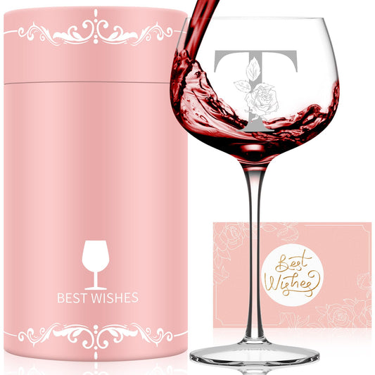 Personalized Gifts for Women, Monogrammed A-Z Wine Glass Customized Gift, Unique Christmas Birthday Gifts for Women Her Mom Friend Sister Wife Daughter Nurse (T)
