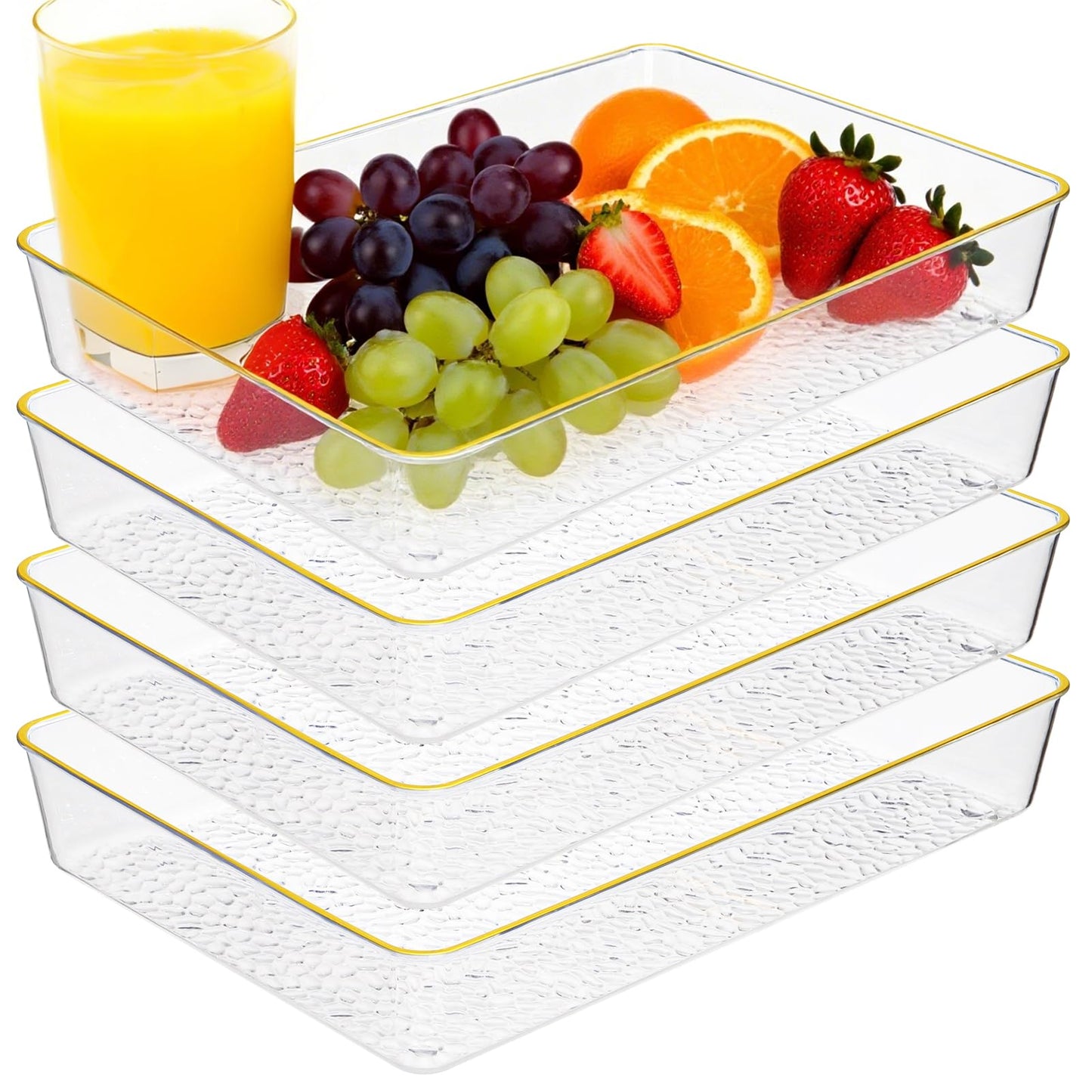 Cididu 4 Pack Clear Serving Trays, Deep Serving Platters Rectangle 12'' x 8'', Decorative Tray with Gold Rim, Reusable Plastic Tray Organizer for Coffee Table Pantry Party Food Display Spill Proof