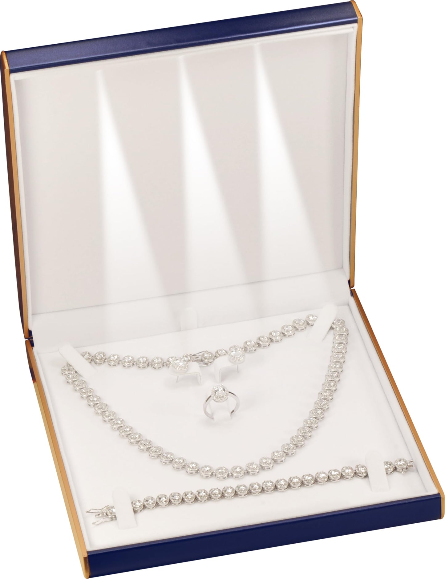 LED Blue Extra Large Necklace Pendant Earrings Ring Bracelet Box Luxury PU Leather Dome Top Designed with Gold Color Painted on the Sides Big Jewelry Sets Gift Holder Box with Light for Men for Women(Blue)