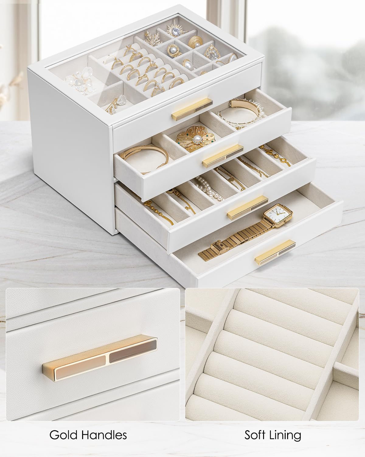 Vlando Jewelry Box for Women, Glass Lid Jewelry Organizer with 4 Drawers for Necklaces Rings Earrings Bracelets Christmas Gift - White