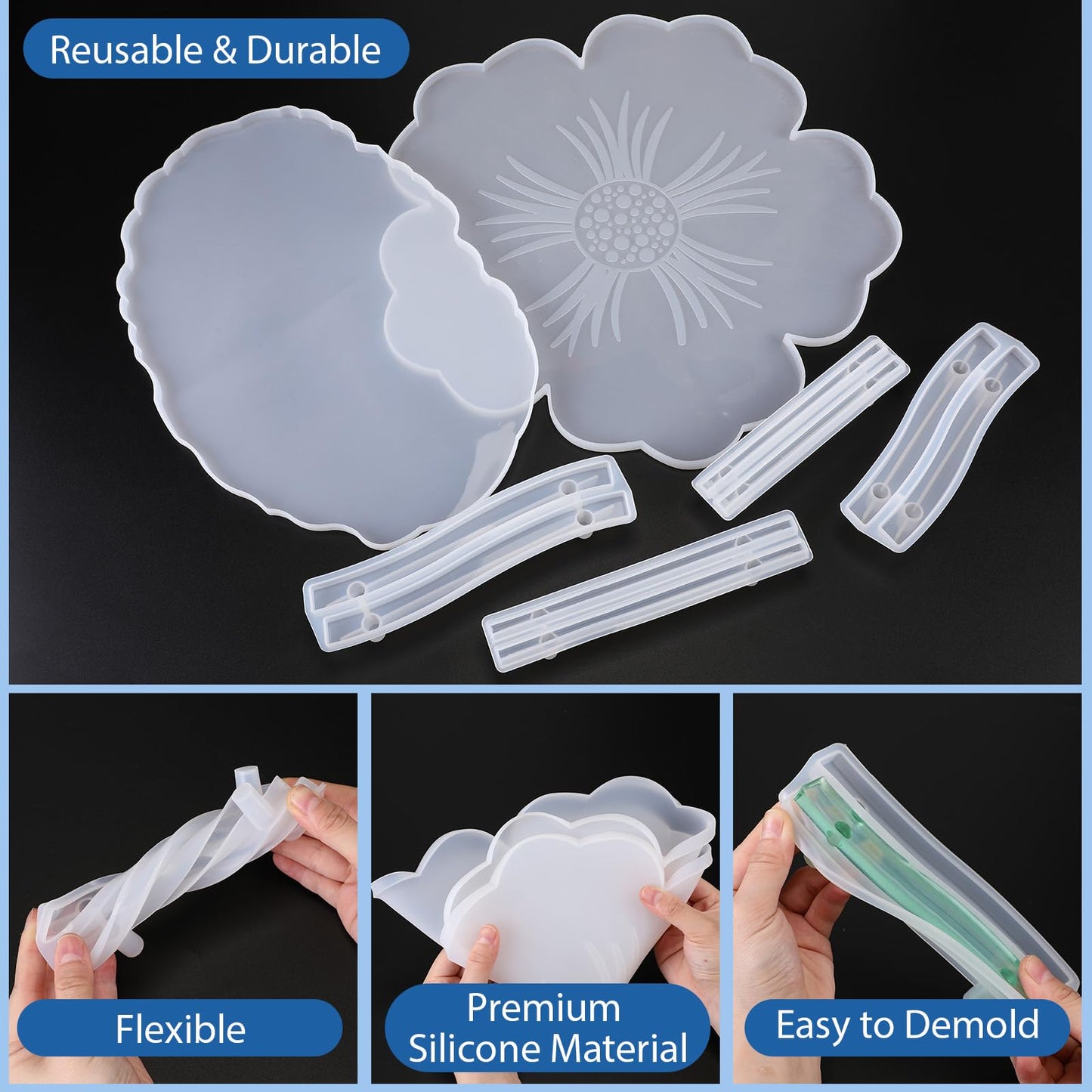 meekoo 2 Pcs Large Silicone Resin Tray Molds with 4 Pcs Handles Serving Tray Resin Mold for Making Jewelry Plates Tea Coasters Art Craft Casting Supplies(Flower, Oval)