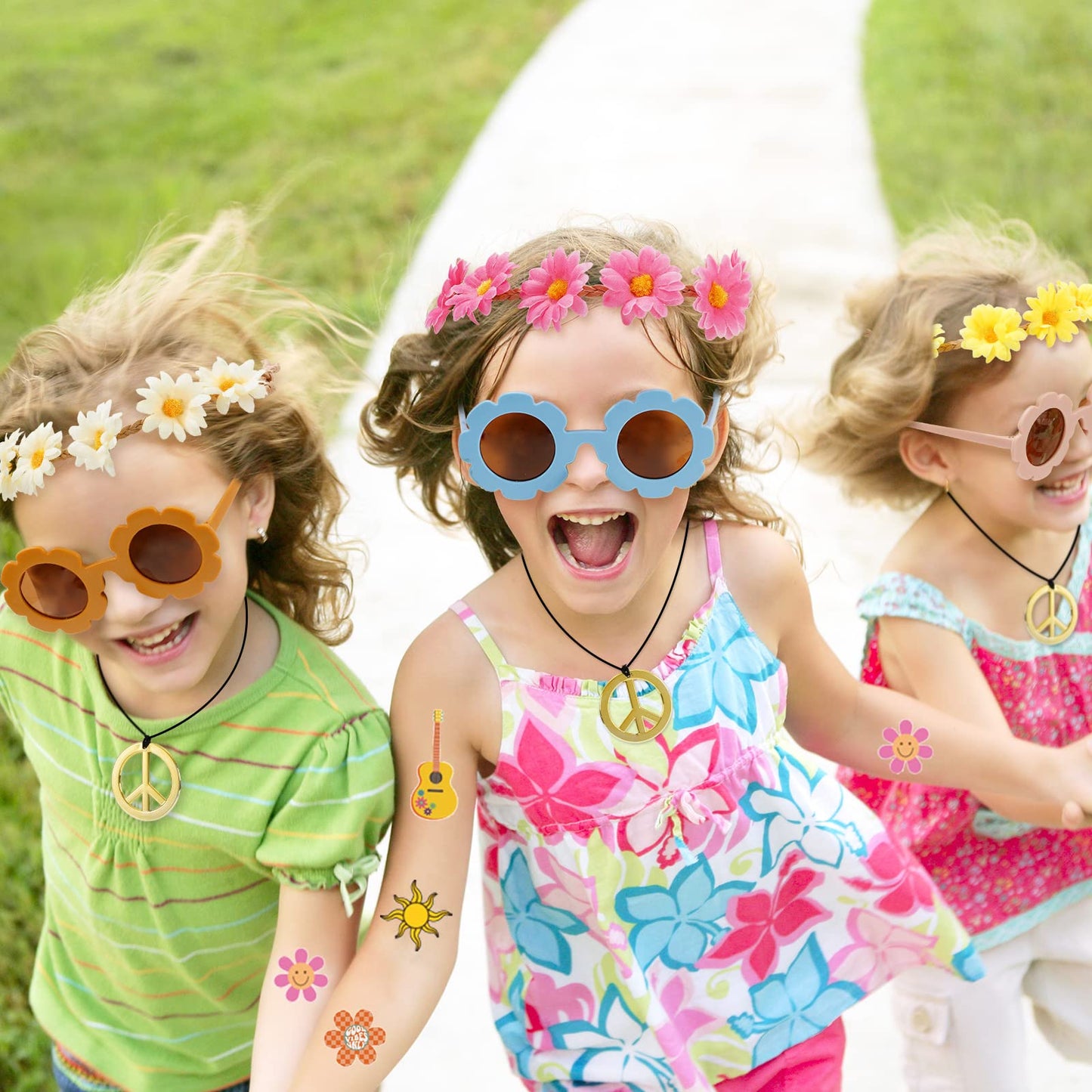 Whaline 77Pcs Groovy Hippie Party Accessories Daisy Flower Headbands Hippie Round Flower Glasses Peace Sign Necklace Temporary Tattoos for Retro Boho Costume Accessories Kids 60s 70s Party Gifts