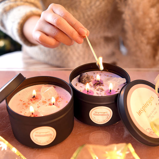 Inspireyes Scented Candles Set with Crystal, 3 Wick Candle 19 oz Soy Wax Aromatherapy Meditation Candles, Large Manifestation Candle with Large Energy Stones, Birthday Gifts for Women