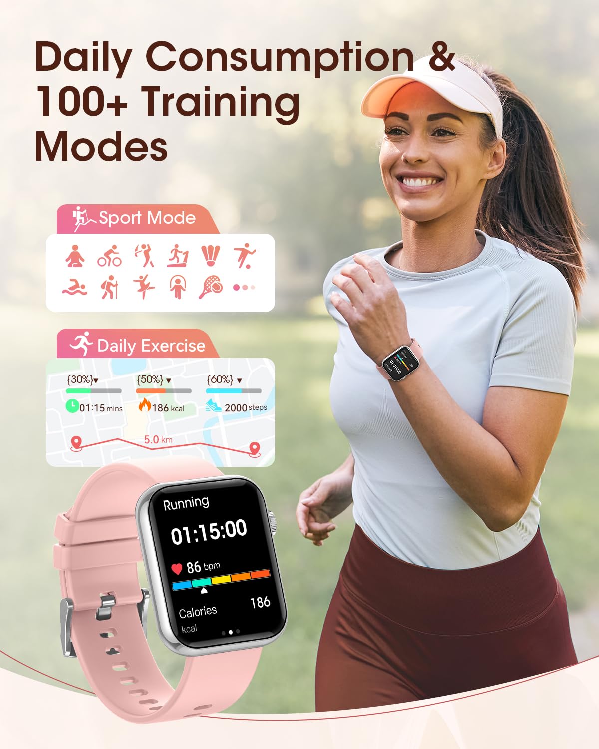 Smart Watches for Women, Health Fitness Watch for Android iPhone, Sleep/Heart Rate/SpO2/Blood Pressure Monitor, 1.85'' Smartwatch for Calls/SMS/Notifications, 100+ Sports Modes, 300+ Dials, 3 Bands