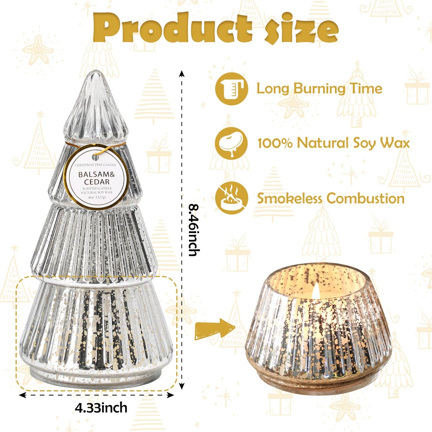 Tree Shaped Scented Candle Gift, Balsam Cedar Scented Candle, Holiday Winter White Silver Mercury Glass Tree Candle, 8oz