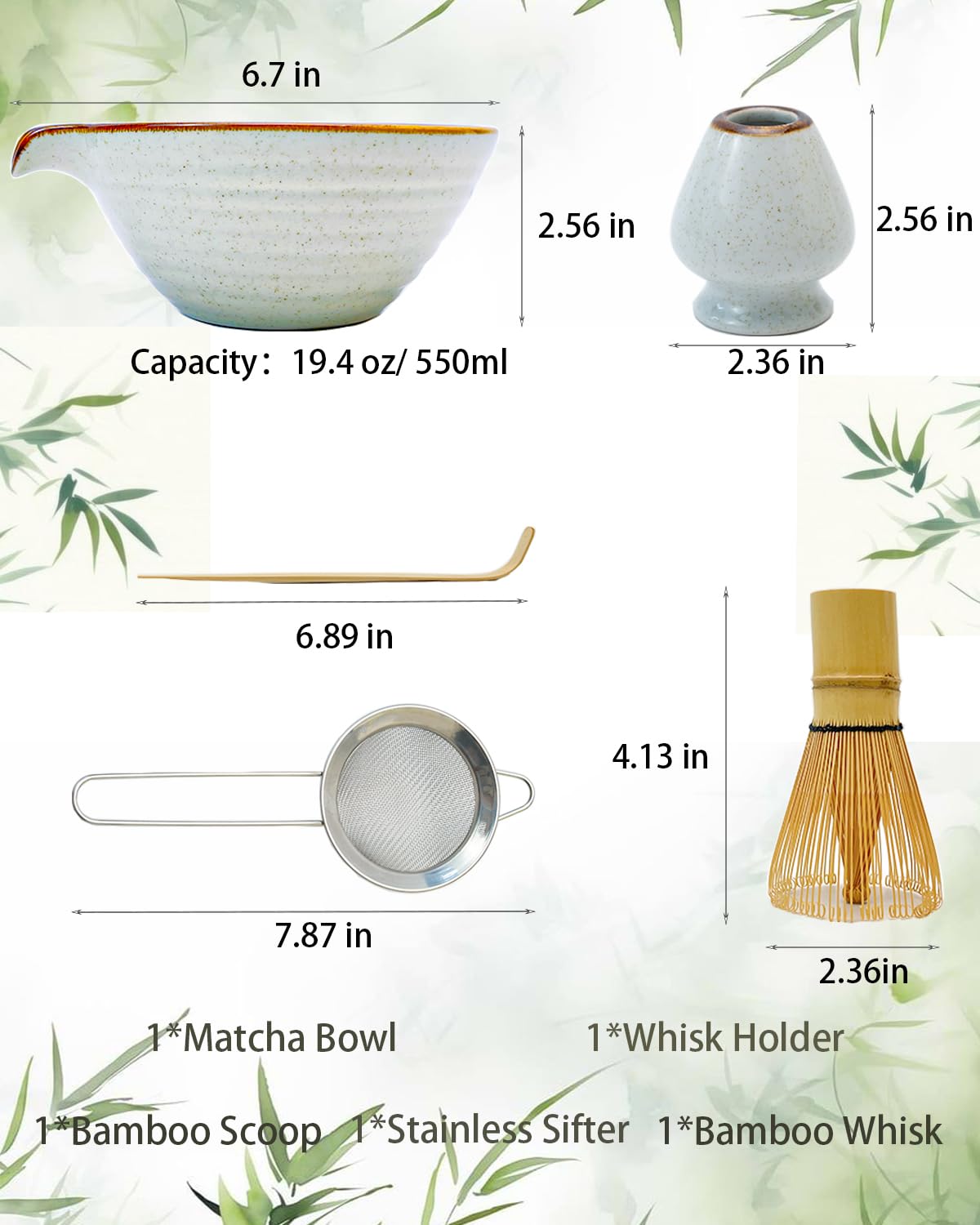 Zzlright Matcha Whisk Set,Matcha Set,Matcha Kit,Matcha Bowl with Spout,Scoop,Sifter,Bamboo Whisk,Chasen Holder,Unique Gifts for Women Grifend,Gifts for Christmas, Birthday,Halloween
