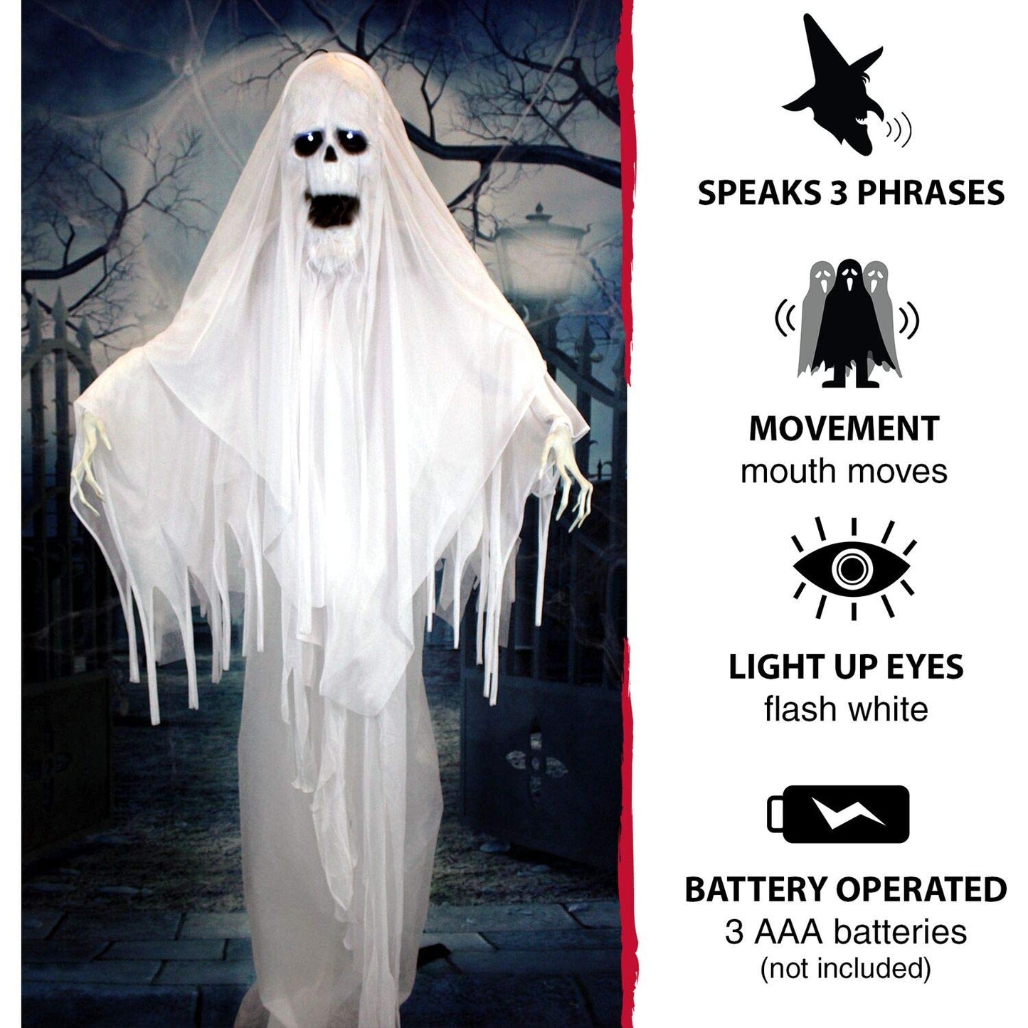 Haunted Hill Farm Life-Size Scary Talking Ghost Animatronic with Touch Activated Lights and Sound, Battery Operated Indoor or Covered Outdoor Decoration, Creepy Halloween Prop