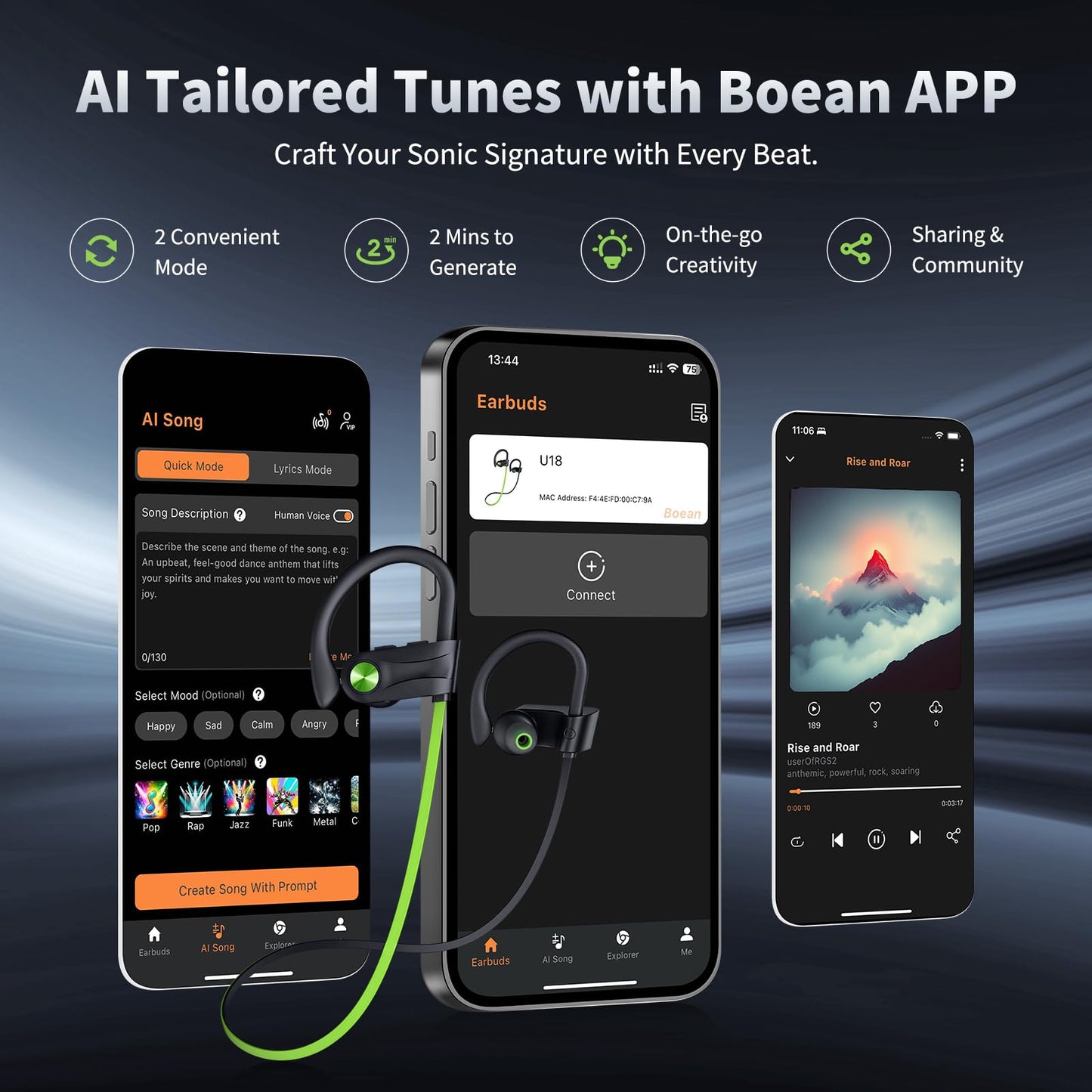 JOYWISE Bluetooth Headphones, Wireless Earbuds IPX7 Waterproof Bluetooth 5.3 Headphones with 16Hrs Playtime Stereo Bass Headsets with Mic Running Headsets with Earhooks for Sports Running Workout