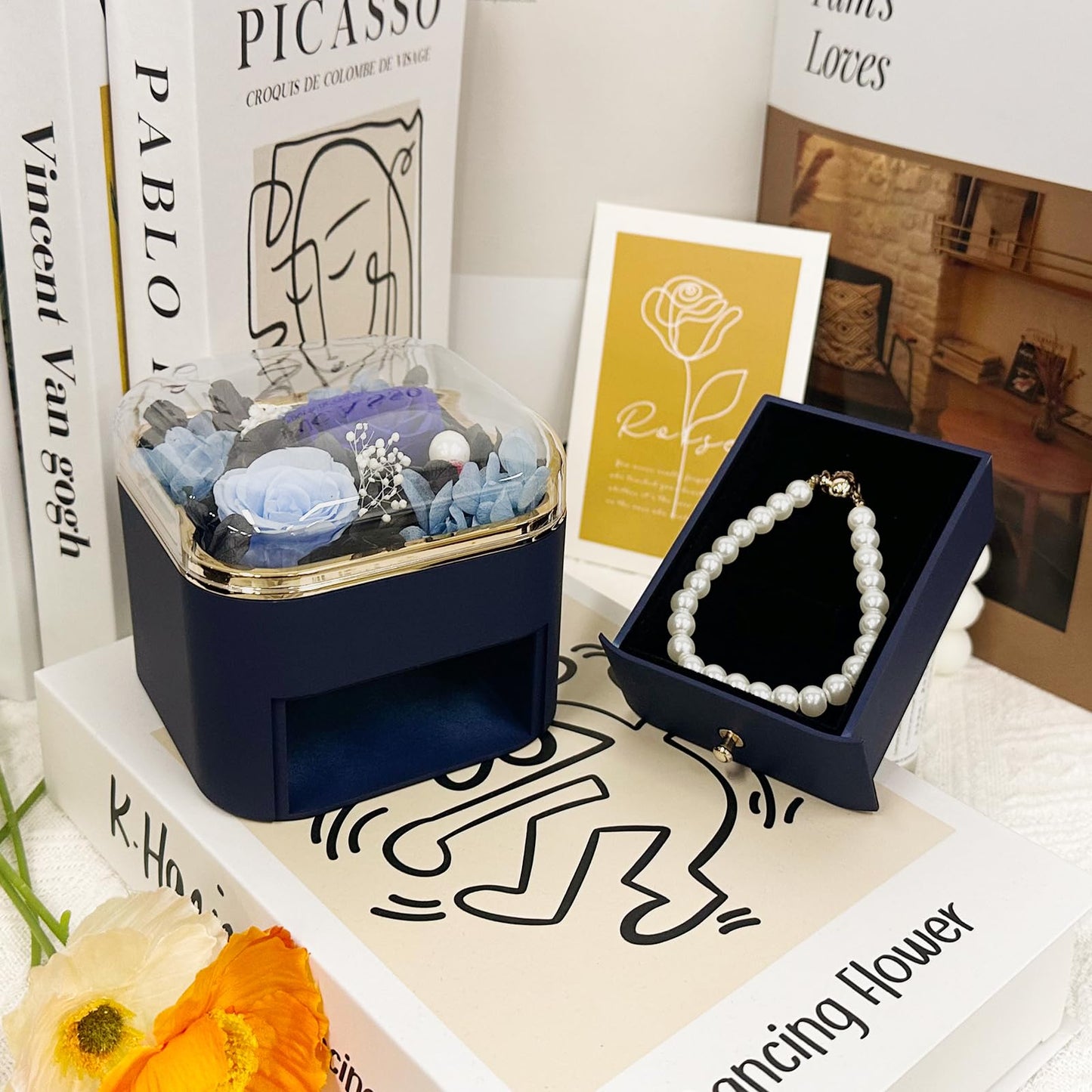 INYPTROPIC Preserved Real Rose with Pearl Bracelets Forever Flowers Jewelry Box for Mom Wife Girlfriend Grandma on Mothers Day Birthday Valentines Christmas Anniversary Beatiful Gifts for Women