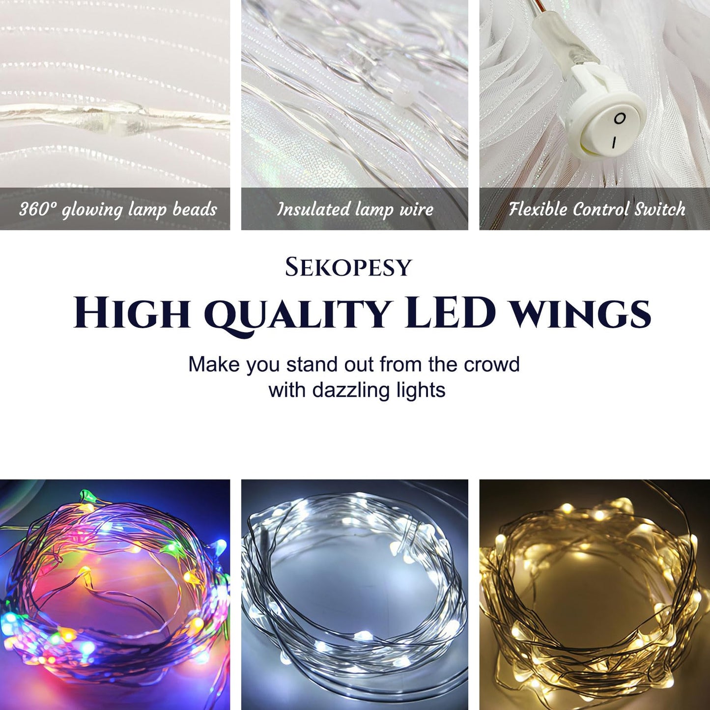 Sekopesy Illuminated LED Fairy Wings for Kids and Adults Multicolored Glowing Butterfly Wings for Enchanting Parties and Events (40inch for Kids, Rainbow Lights)