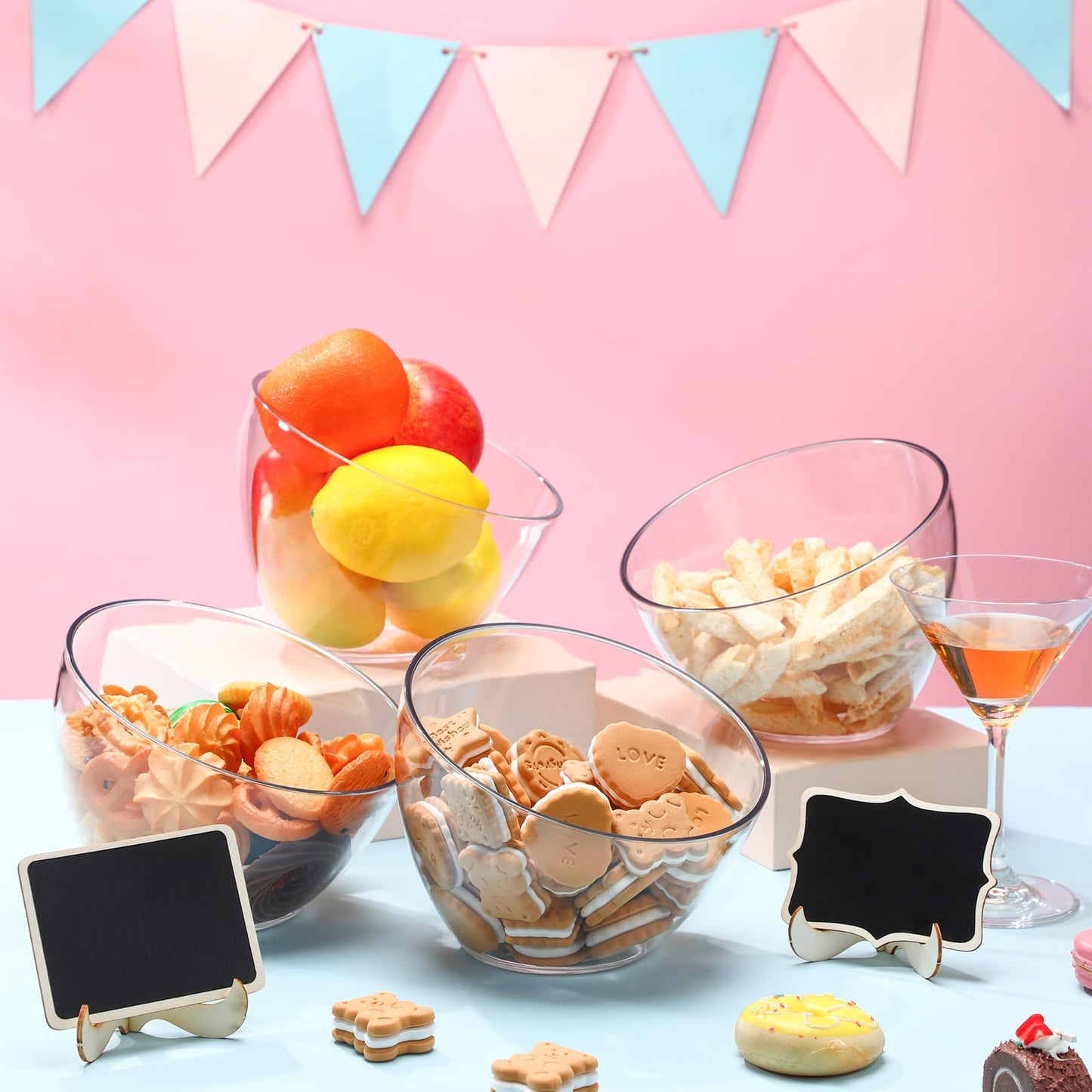 Reallnaive 18 Pcs Party Supplies Set Include 6 Pcs 35oz Candy Serving Bowls and 12 Pcs Mini Chalkboard Food Signs with 1 Marker Pen for Candy Buffet Wedding Party Table Display Decorations
