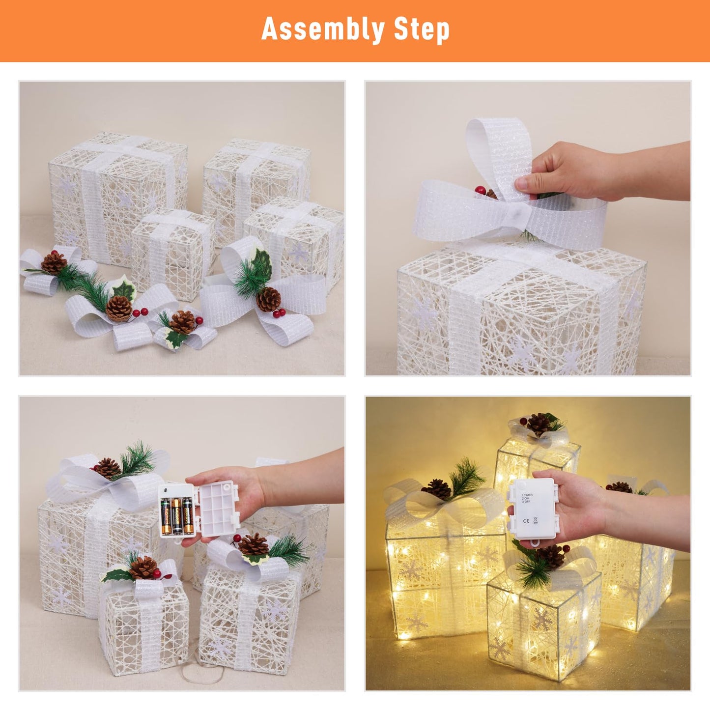 Christmas Lighted Gift Boxes, Set of 4 Christmas Decorations, Battery Operated Xmas Present Boxes, Warm White LED with Bows for Indoor Christmas Tree, Yard, Home Decor