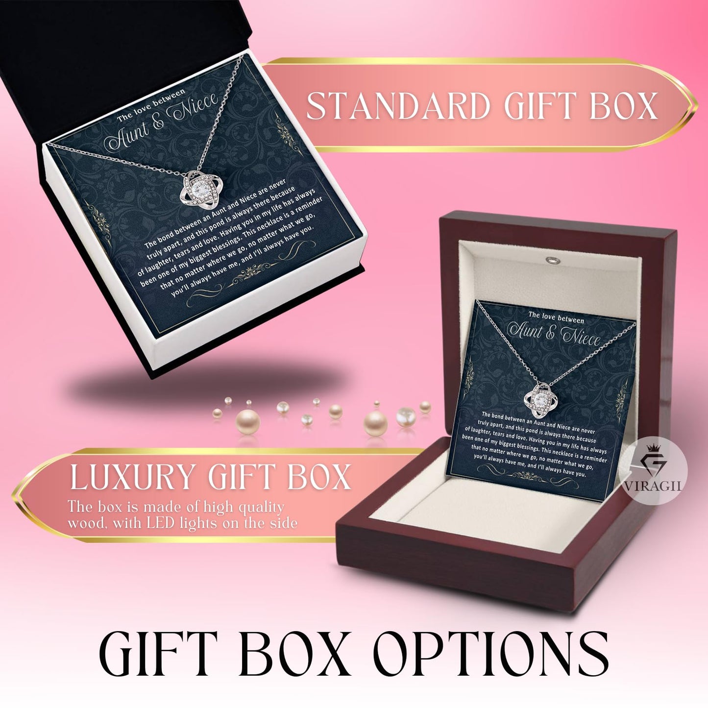 VIRAGIL Aunt Gifts from Niece, Gifts for Niece from Aunt, Aunt and Niece Gifts, Sterling Silver Love Knot Necklace, Mahogany Luxury Gift Box, Aunt Birthday MothersDay Gifts, Christmas Gifts, Card 1