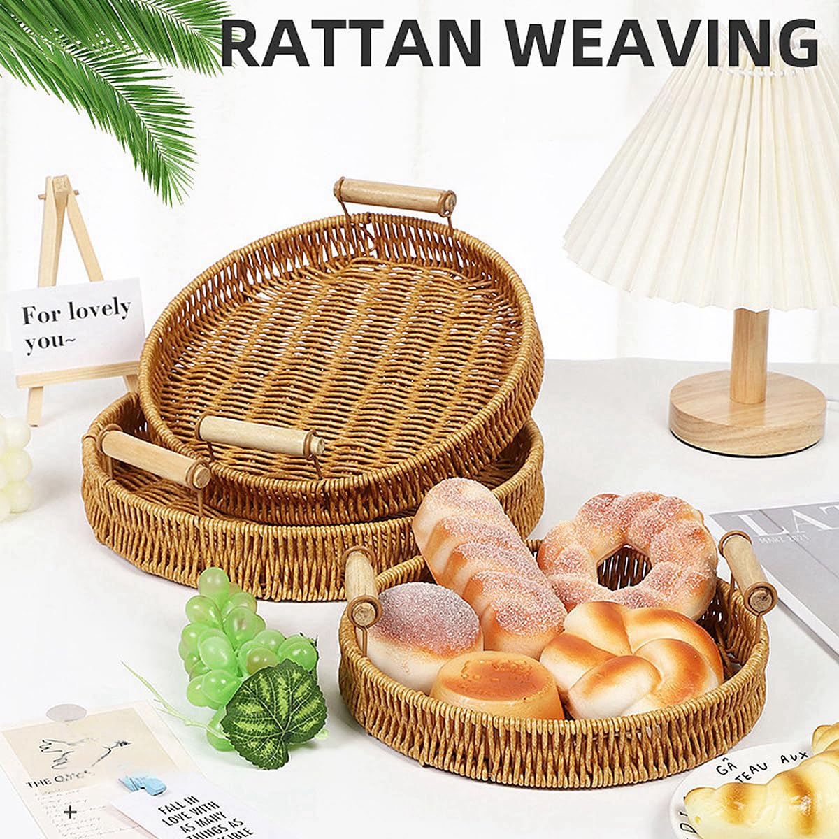 GIB Small Round Rattan Serving Trays with Handles, Decorative Woven Wicker Baskets Serving Trays for Coffee Table Decor, Bread, Fruit, Snacks, Set of 3