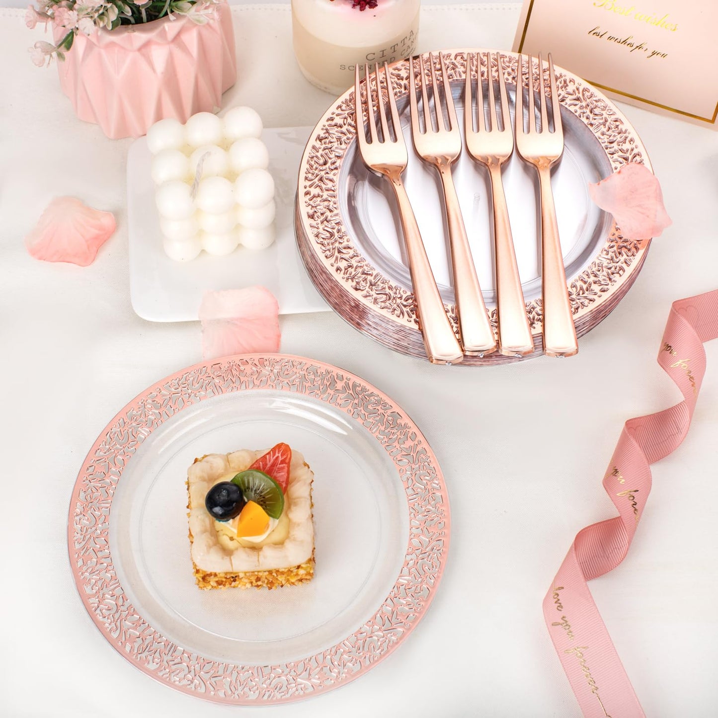 I00000 72 Pcs Rose Gold Dessert Plates 7.5" & 72 Pcs Disposable Forks 7.4", Lace Design Plastic Salad Plate, Plastic Appetizer Plate for all Holidays Perfect for Party & Wedding