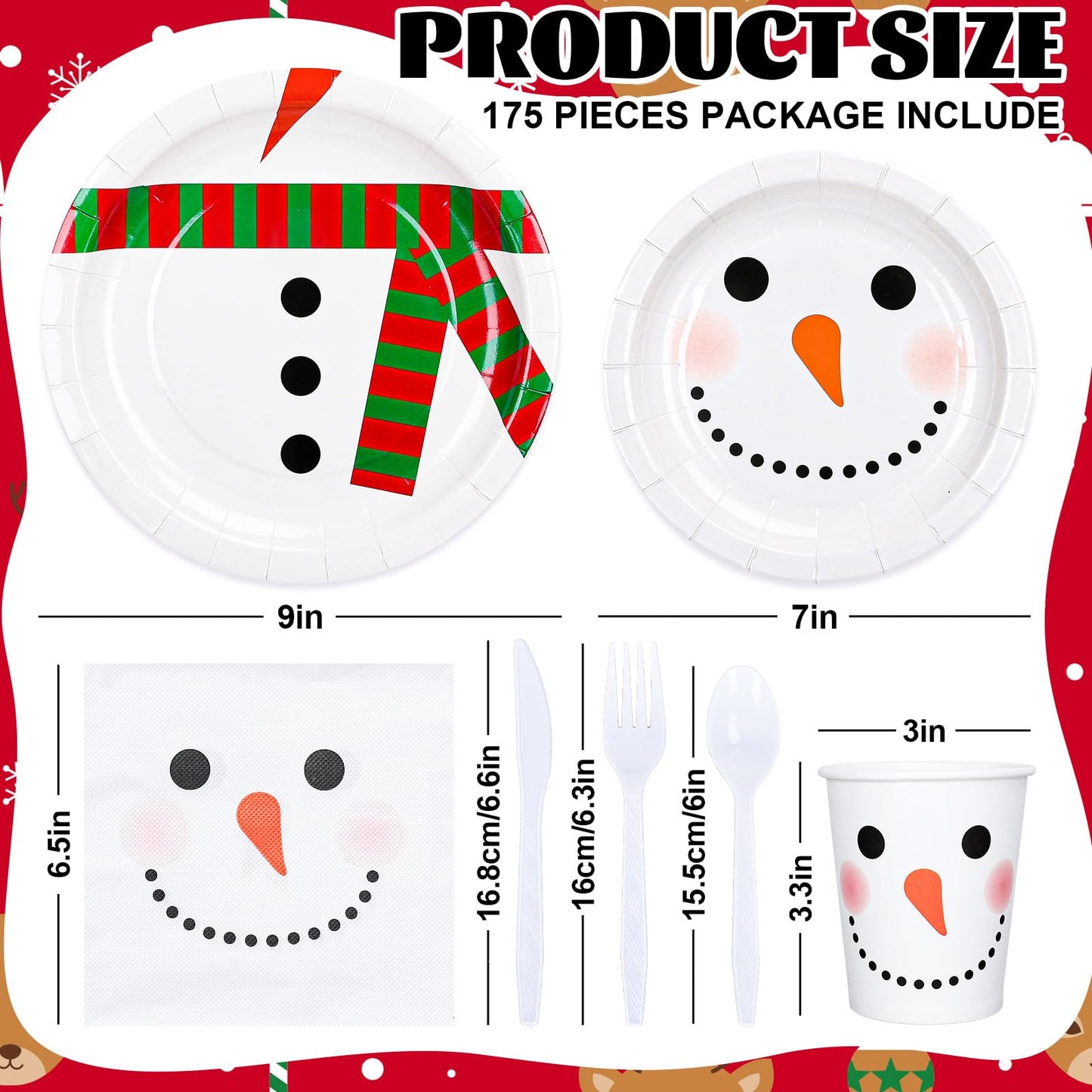 Whaline 175Pcs Christmas Party Tableware Set Winter Snowman Dinnerware Kit 7 and 9 Inch Paper Plates 6.5 Inch Disposable Napkins Cups Forks Spoons Knives for Xmas Holiday Dinner Supplies
