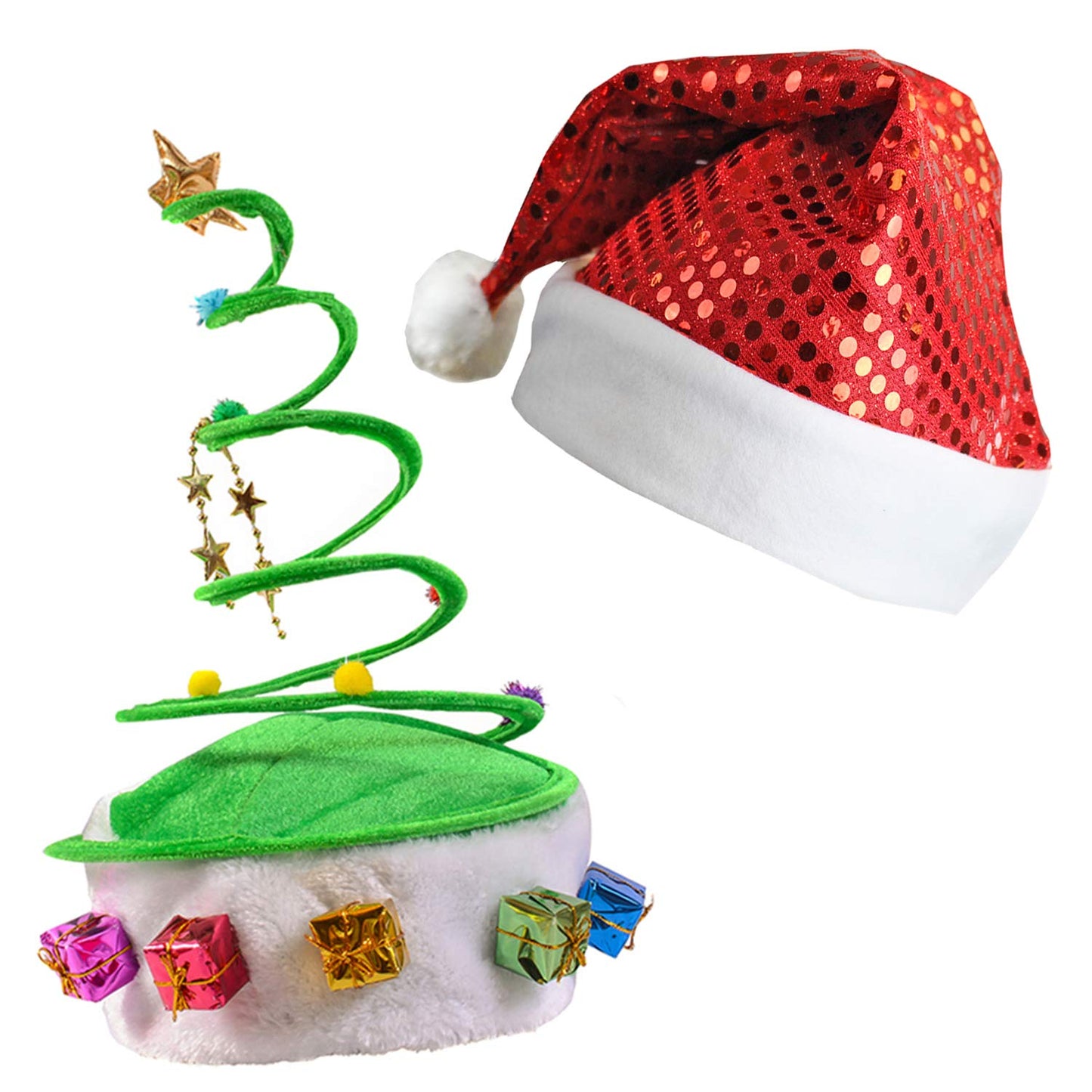 Funny Party Hats Santa Hat - Red Sequin Santa Hat - Coil Christmas Tree Hat - Christmas Hats - 2 Pack Holiday Hats