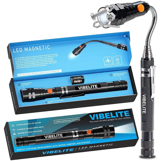 VIBELITE Extendable Magnetic Flashlight with Telescoping Magnet Pickup Tool-Cool Gadget Birthday for Men, Dad, Husband, Him, Father, Mechanic,Tech, Handyman, Boyfriend, Women, Black