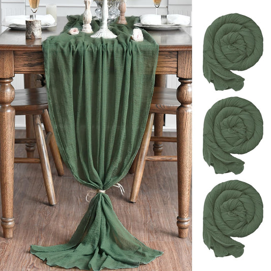 Artoid Mode Boho Forest Green Gauze 3 Pieces Wedding Table Runner, 120 Inch Birthday Fabric Kitchen Dining Holiday Table Decor for Home Party Indoor