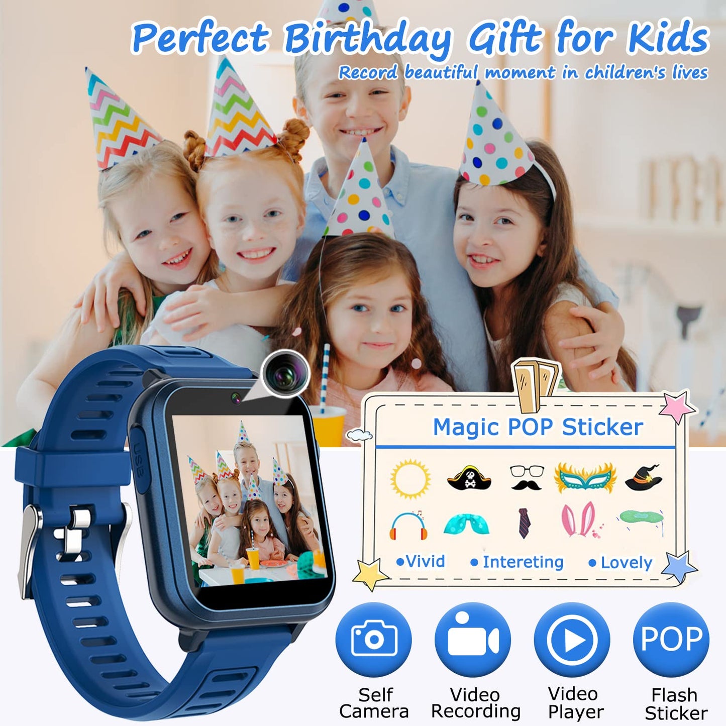 Kids Smart Game Watch with 24 Games HD Touch Screen Video Camera Music Player Pedometer Flashlight Alarm Clock 12/24 hr, Gifts for 5-12 Year Olds Boys