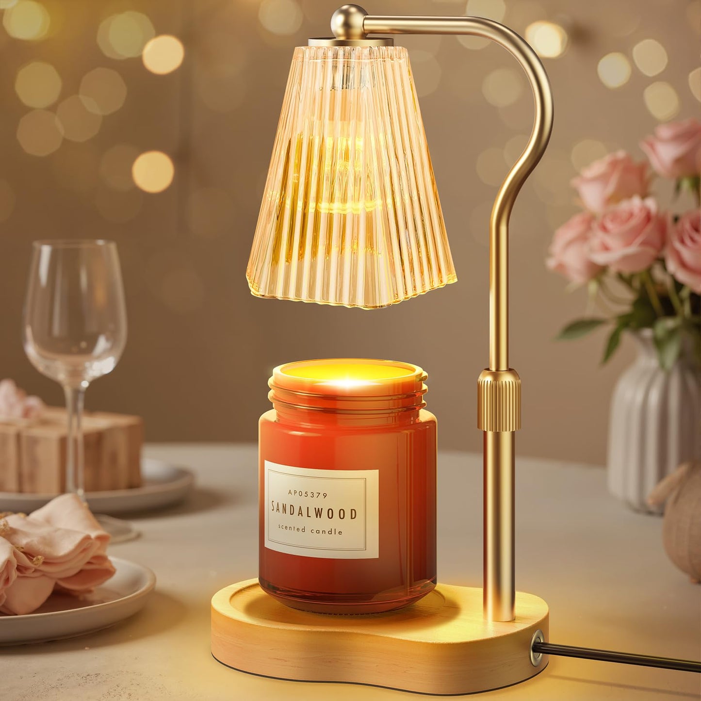 Candle Warmer Lamp, Wax Melt Warmer with 2 Bulbs for Scented Jar Candles, with Timer Dimmer Adjustable Height, Home Decor Gift for Girl Friend Mom Sister Women, No Flame No Smoke Warming Light, Amber