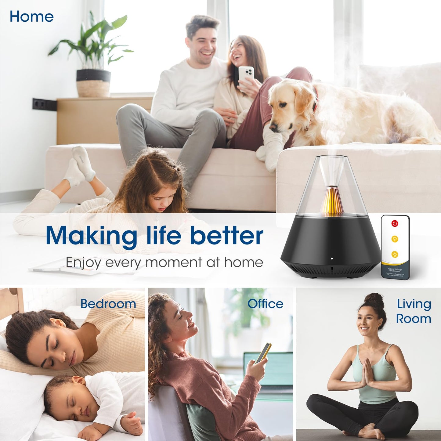 KinYiLO Essential Oil Diffuser, Modern Style Aroma Diffusers with Candle Light Remote Control, USB Powered 150ml Ultrasonic Cool Mist Aromatherapy for Home Room Office Bedroom, Automatic Off, Black