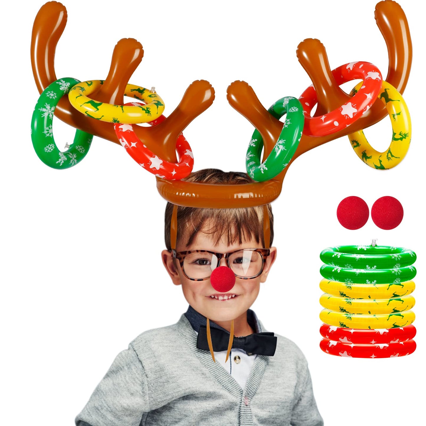 Max Fun 4 Pack Inflatable Reindeer Antler Ring Toss Games Indoor Outdoor Christmas Party Games Party Favors, 4 Anlters & 24Rings
