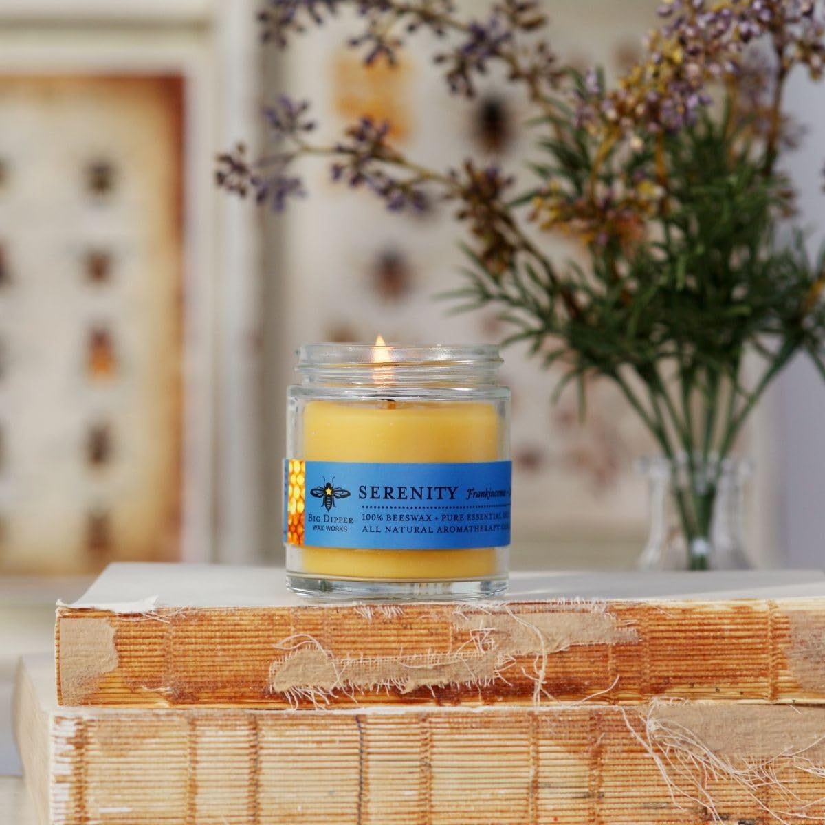 Big Dipper Wax Works Beeswax Aromatherapy Candle, Serenity, Apothecary Glass, Frankincense & Lavender Scented, 25-Hour Burn, Pure Essential Oils, 2" x 2.5"