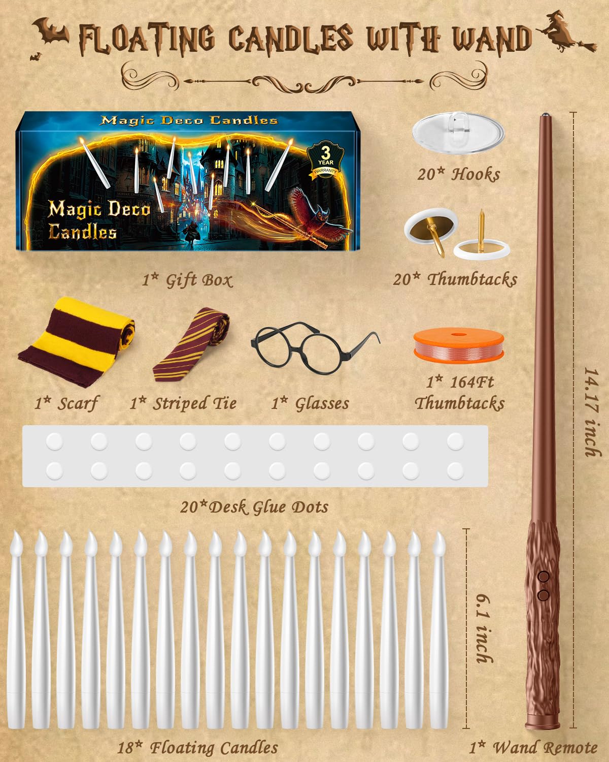 Floating Candles with Wand Remote 18PCS - Magic Hanging Candle with Glasses, Tie, Scarf, Flameless Taper Candles Floating Lights Gifts for Halloween Decorations Christmas Wedding Birthday Party Decor