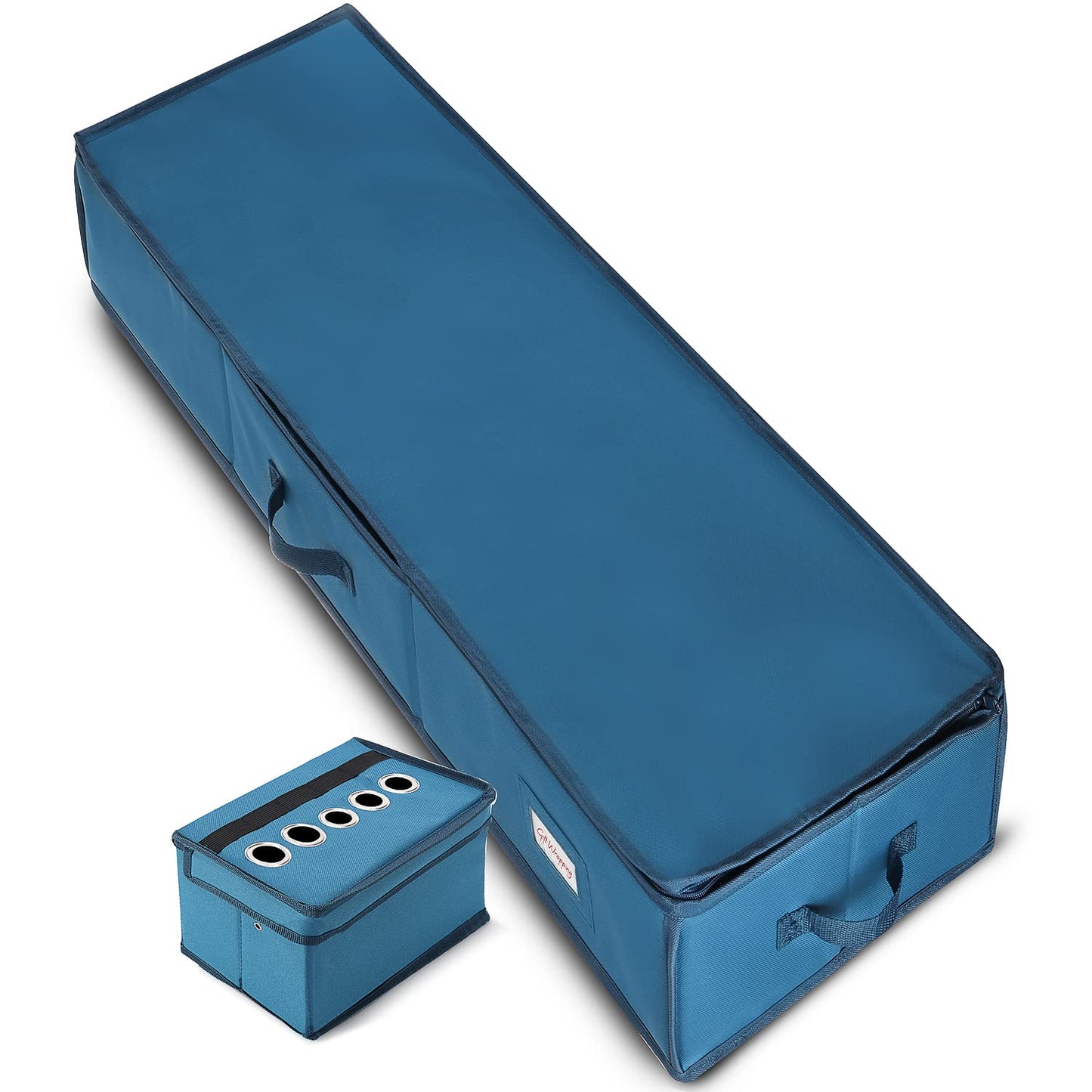 Hearth & Harbor Wrapping Paper Storage Container - Christmas Storage Bag with Ribbon Dispenser and Interior Pockets - Gift Wrap Organizer Fits Up to 26 Rolls of 40" Length, Blue